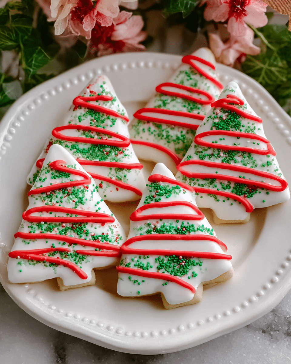 Six Christmas tree shaped cookies sit on a white round plate with small raised dots along the edge. Each cookie is covered in smooth white icing as the base layer. Small green sprinkle bits are scattered evenly over the white icing, creating a textured look. Bright red icing zigzags across each cookie horizontally in three stripes, adding a vibrant contrast. The plate rests on a white marbled surface and is partially framed by green leaves and pink flowers in the background. Photo taken with an iphone --ar 4:5 --v 7