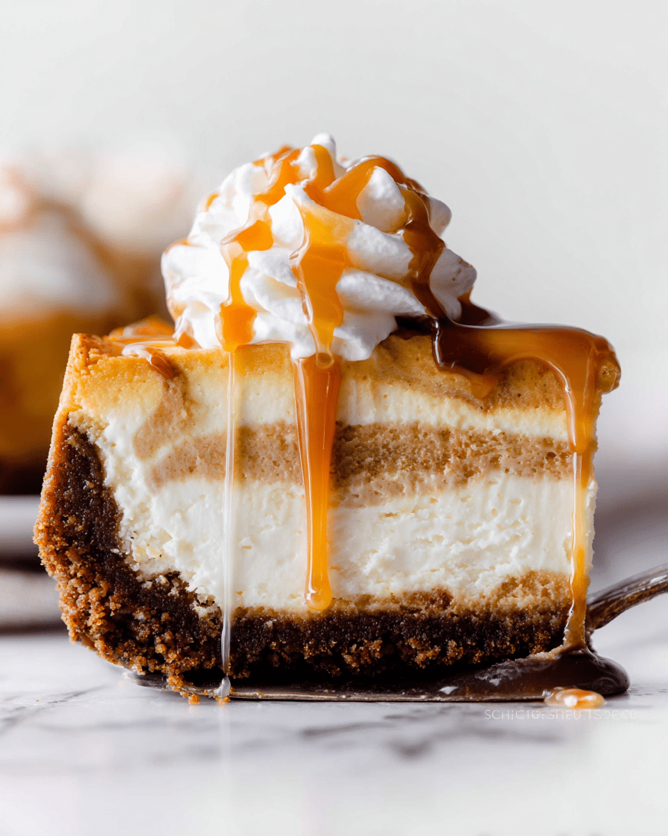 A close-up slice of cheesecake with three clear layers: the bottom crust is dark brown and crumbly, the middle layer is creamy with a light tan swirl pattern, and the top layer is a smooth, thick white cream. The cheesecake slice is topped with white whipped cream that looks soft and fluffy, and thick golden caramel sauce drips slowly down the sides, adding shine and contrast. The background is a soft white marbled texture, softly blurred to keep focus on the dessert. Photo taken with an iphone --ar 4:5 --v 7