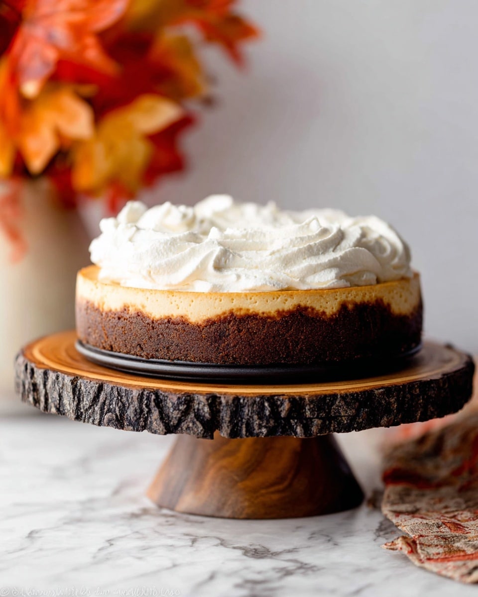 A three-layer dessert sits on a round wooden cake stand with a dark bark edge, placed on a white marbled surface. The bottom layer is a thick, dark brown crust with a crumbly texture. Above it is a middle layer of creamy, golden-brown filling that is smooth and firm. The top layer is a generous, fluffy white whipped topping spread unevenly for a soft, swirled look. In the background, soft-focus warm orange, red, and yellow leaves add a cozy autumn feel. Photo taken with an iphone --ar 4:5 --v 7