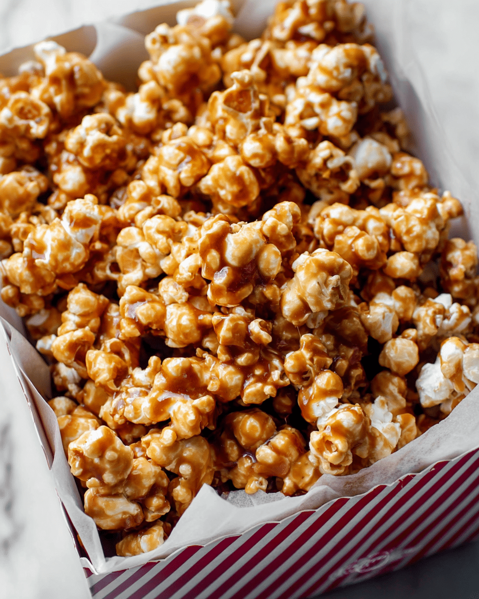 A close-up of a box filled with caramel popcorn, showing many popcorn pieces covered evenly with a shiny, golden-brown caramel coating. The popcorn looks crisp with a mix of light and darker caramel shades, creating texture and depth. The box is lined with white parchment paper, and the sides of the box have red and white diagonal stripes. The background is a white marbled texture. photo taken with an iphone --ar 4:5 --v 7