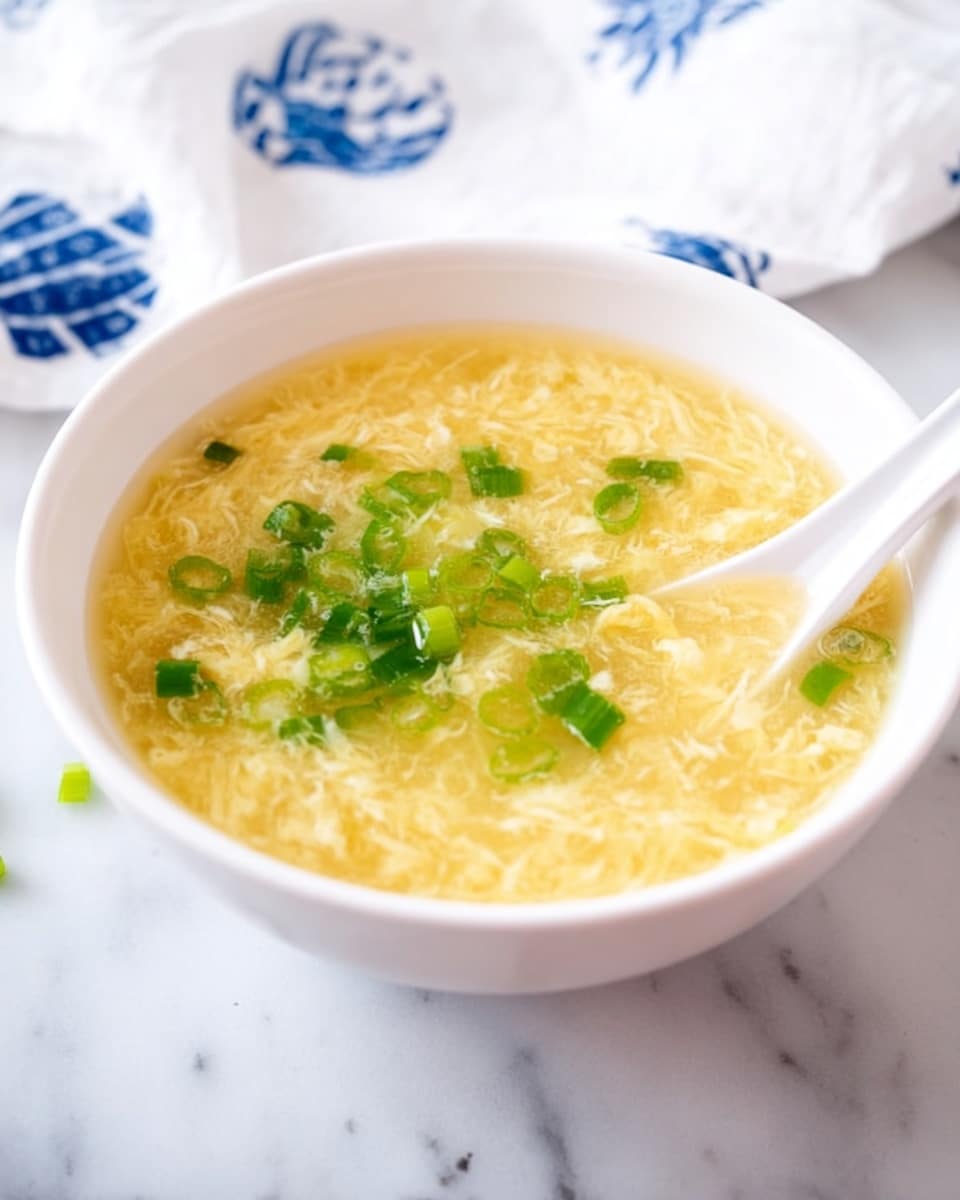 A white bowl filled with light yellow egg drop soup, showing soft, wispy egg strands floating in the broth. Small bright green chopped scallions are scattered on top, adding a fresh touch of color. A white spoon rests inside the bowl on the right side, partially submerged in the soup. The bowl is placed on a white marbled surface with a blurred white cloth featuring blue patterns in the background. photo taken with an iphone --ar 4:5 --v 7