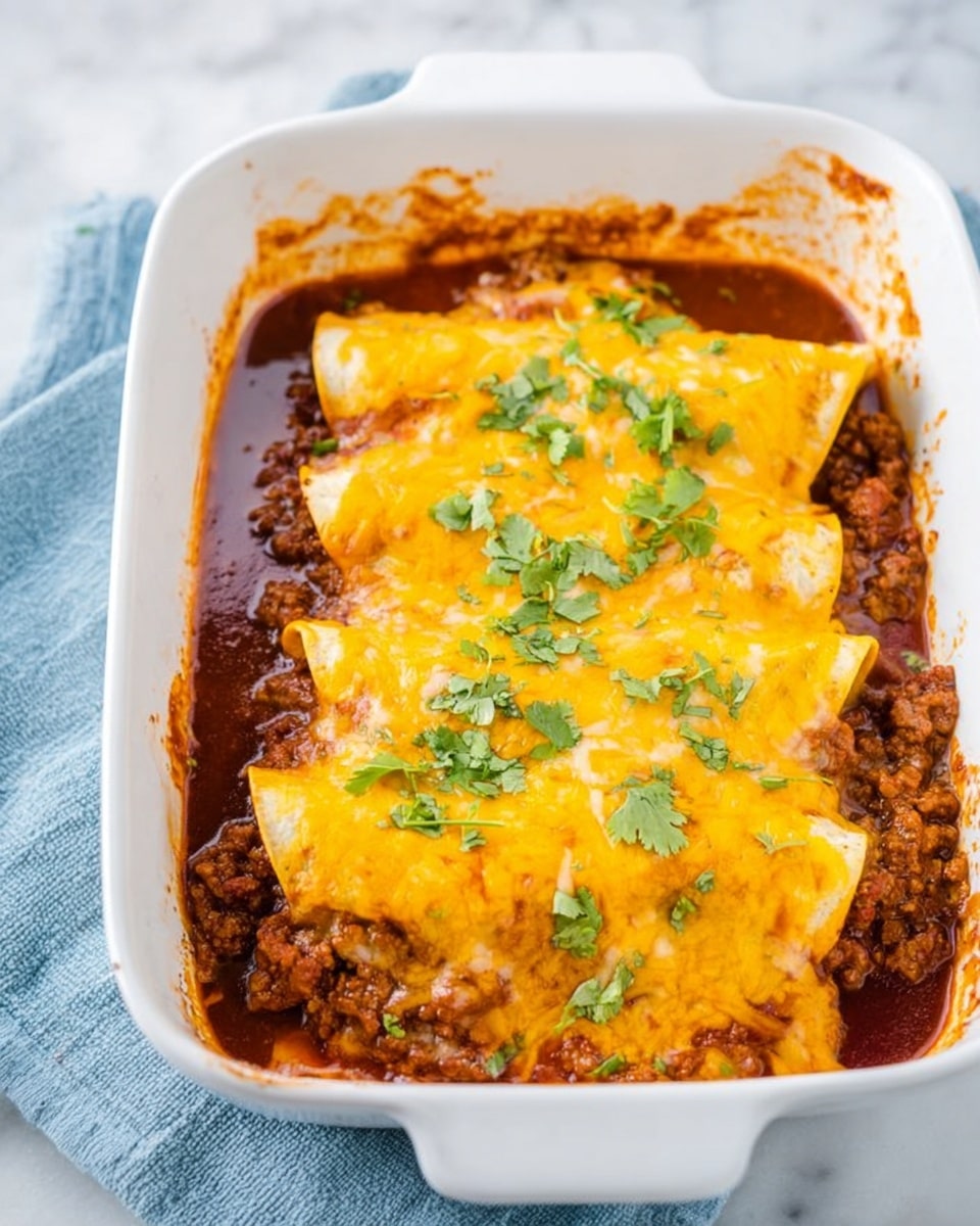 A white baking dish holds a layered enchilada dish with two main layers visible. The bottom layer is a thick, dark brown sauce mixed with cooked ground meat, filling the base of the dish. On top, soft tortillas are covered with melted yellow-orange cheddar cheese, draped over the sauced meat and slightly folded on the edges. Small green cilantro leaves are scattered evenly across the cheese layer, adding a fresh contrast. The dish sits on a soft blue cloth over a white marbled surface, with some sauce splashes visible on the inside edge of the dish. Photo taken with an iphone --ar 4:5 --v 7