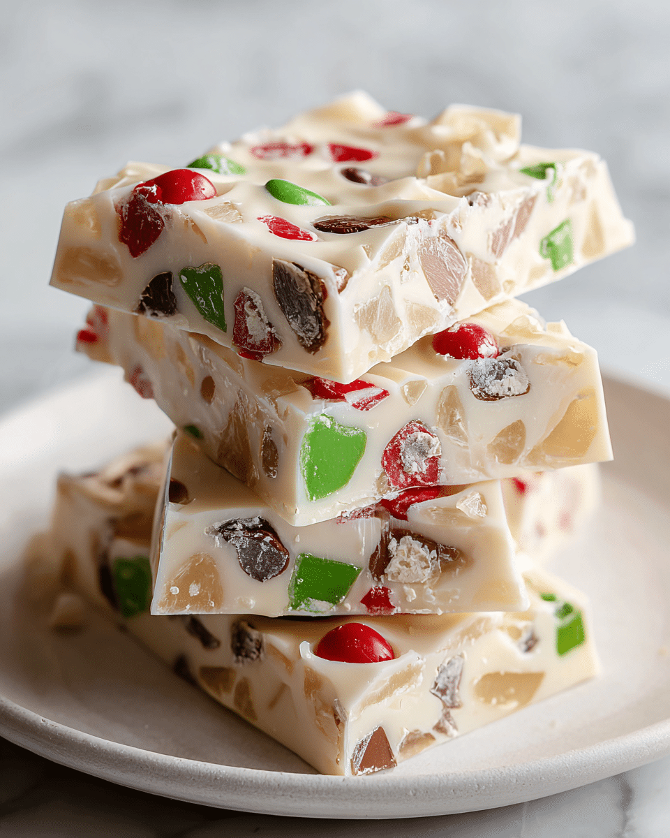 A stack of four square pieces of white chocolate bark is shown on a white plate, each piece filled with colorful candy bits in red, green, brown, and translucent tan colors scattered throughout. The white chocolate base is smooth and creamy, with a slightly glossy texture. The top piece is slightly tilted, showing the thickness and rough edges of the bark, while the candies embedded give a mix of round and triangular shapes, creating a festive look. The background surface is a white marbled texture with soft lighting that highlights the details of the candy and chocolate. Photo taken with an iphone --ar 4:5 --v 7