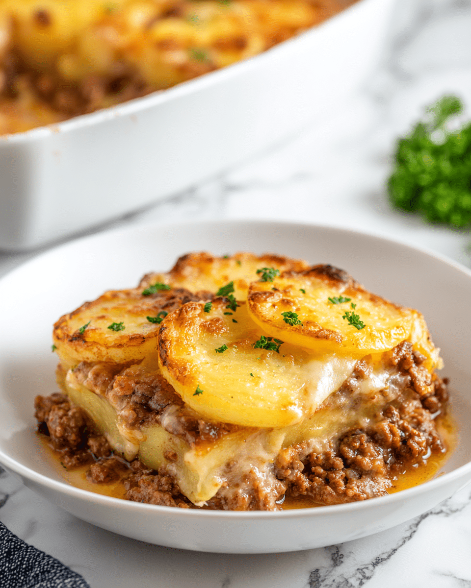 The dish shows a layered casserole served in a white bowl on a white marbled surface. The top layer features golden-brown potato slices with a slightly crispy texture, melting cheese with a bubbly, creamy finish, and small green parsley pieces for garnish. Underneath, a thick, rich layer of browned ground meat mixed with melted cheese is visible, creating a hearty, savory base. The overall colors range from golden yellow on the potatoes to warm brown on the meat and cheese. In the background, there is a white baking dish with more casserole, slightly out of focus. photo taken with an iphone --ar 4:5 --v 7