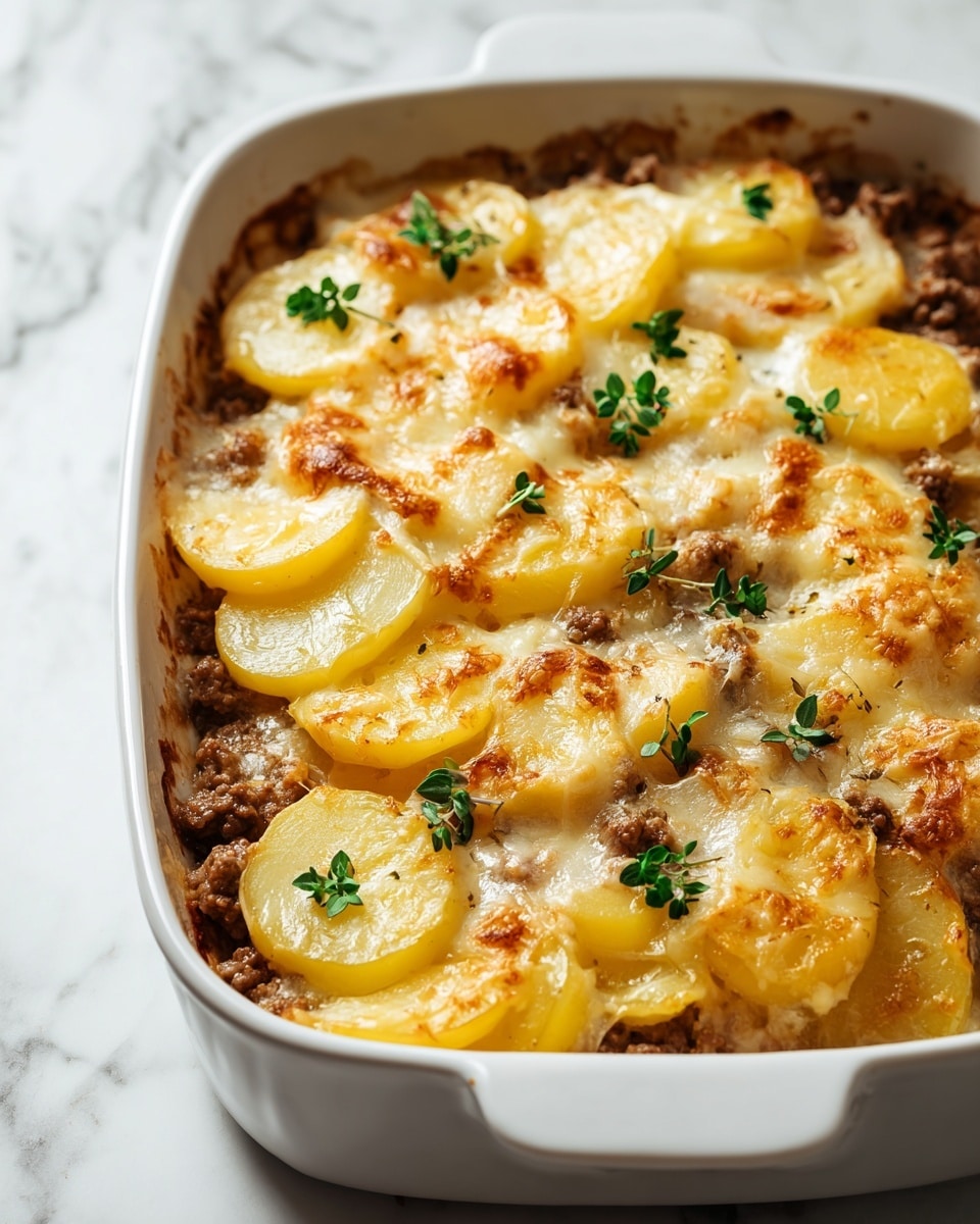 A white baking dish holds a layered casserole with cooked ground meat forming the base, followed by a thick layer of sliced potatoes arranged on top, each slice pale yellow with a slightly browned, melted cheese crust covering them. Small sprigs of fresh green herbs are scattered across the surface, adding a bright contrast. The dish sits on a white marbled surface, and the overall look is warm and creamy with browned spots where the cheese has baked. Photo taken with an iphone --ar 4:5 --v 7