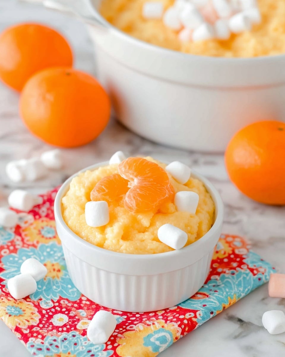 A small white bowl filled with fluffy, light orange pudding sits on a colorful floral cloth with red, yellow, blue, and green patterns on a white marbled surface. The pudding is topped with a bright orange mandarin slice and three small white marshmallows, creating a soft textured look. In the background, a large white pot holds more of the same orange pudding with scattered white mini marshmallows on top, and three whole mandarin oranges rest beside it. Additional mini marshmallows are scattered around the bowl on the cloth. The overall look is bright and fresh with a soft, creamy texture photo taken with an iphone --ar 4:5 --v 7