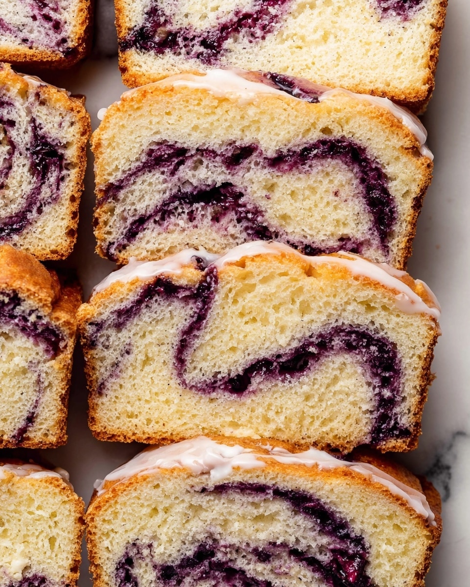 Several slices of a soft bread loaf are shown, each slice featuring two main layers: a light golden-brown crust that edges the bread, and a thick spongy pale yellow inside, swirled irregularly with deep purple berry filling creating marbled patterns. A thin white glaze is spread unevenly over the crust layers of some slices, adding a shiny effect and hinting at sweetness. The slices rest closely together on a white marbled surface, and the texture of the bread looks airy and fluffy with the berry swirl embedded within. photo taken with an iphone --ar 4:5 --v 7