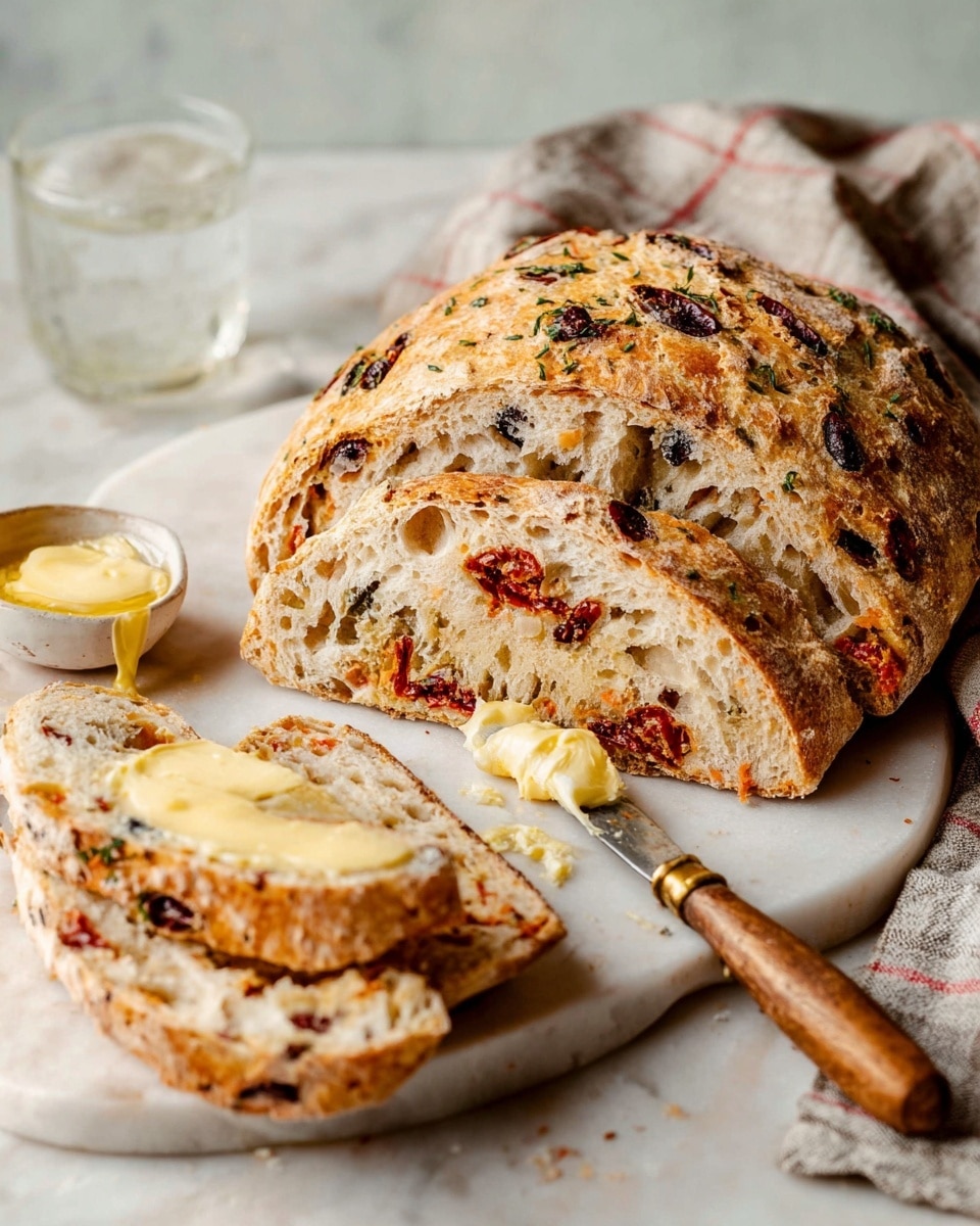 A loaf of rustic bread with a golden brown crust dotted with dark olives and reddish sun-dried tomato pieces rests on a white marbled surface. One thick slice leans against the loaf, revealing a soft, airy inside with visible sun-dried tomatoes and olives spread throughout the crumb. Two smaller pieces are in front, layered with melted butter rich in texture and pale yellow color. A knife with a gold and wood handle lies nearby, smeared with butter. The setting includes a checked cloth in the background and a clear glass of water, all on the white marbled texture. photo taken with an iphone --ar 4:5 --v 7