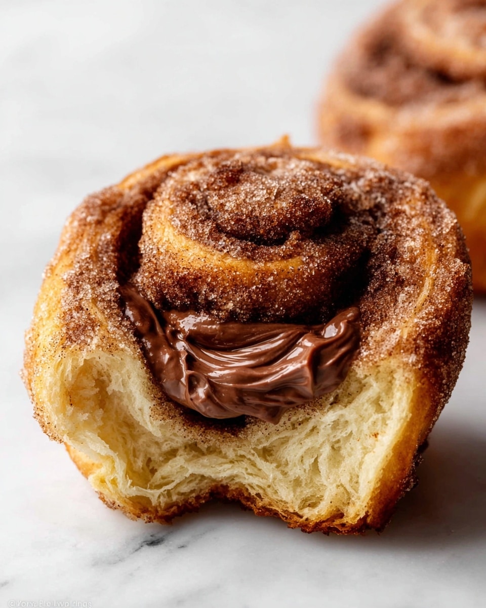 A close-up view of a cinnamon roll with multiple thick, soft layers of golden brown dough swirled with a powdered cinnamon sugar coating. The outer crust is slightly darker and crisp, while the inside layers look fluffy and tender. In the center, there is a generous dollop of smooth, shiny, dark melted chocolate filling that appears rich and creamy, oozing slightly into the dough. The whole roll sits on a white marbled textured surface. photo taken with an iphone --ar 4:5 --v 7