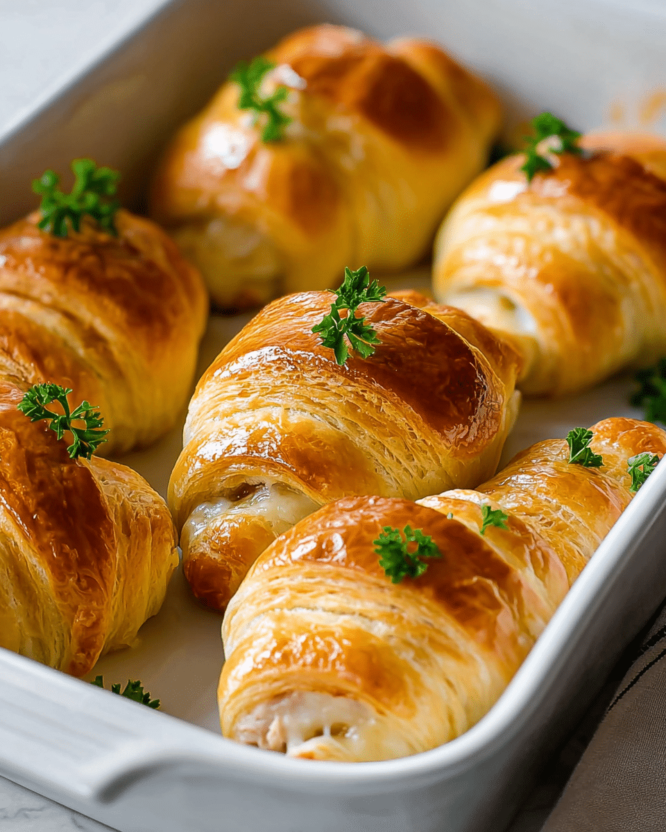A white baking dish filled with six golden brown crescent rolls, each wrapped around a piece of light beige cooked chicken. The crescent rolls have a shiny, flaky outer layer with a slightly darker golden tone on the top, layered with visible folds and a soft texture beneath the crisp surface. Small green parsley leaves are scattered on top of each roll, adding a touch of bright color. The dish is placed on a white marbled surface, and the rolls are close together, emphasizing their puffiness and fresh bake. photo taken with an iphone --ar 4:5 --v 7