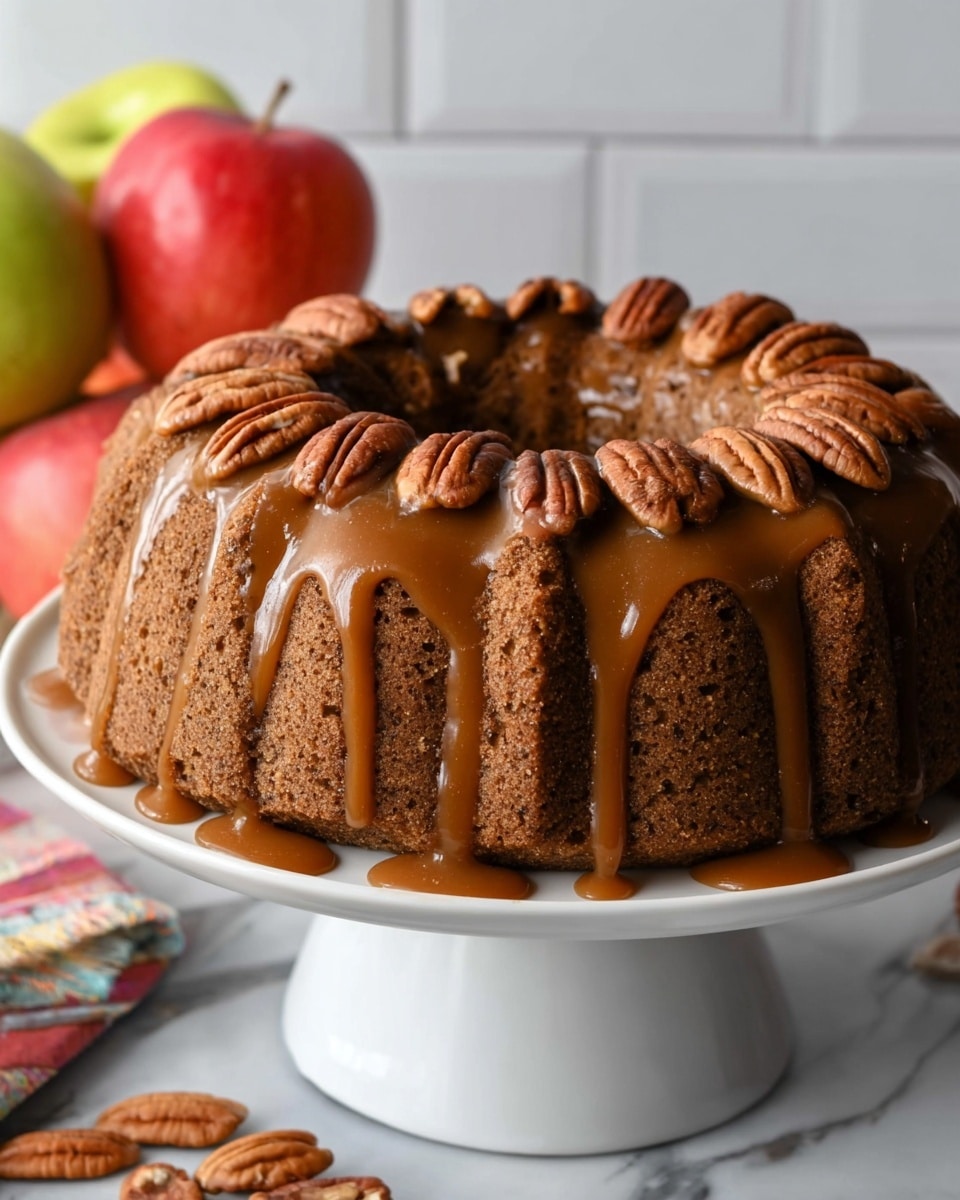 A brown bundt cake with a rough texture is placed on a white cake stand. The cake has a caramel glaze dripping down its sides in thick smooth lines. On top, whole and halved pecans are scattered evenly around the hole in the middle, creating a nutty decoration. The background shows white subway tiles and some red and green apples resting on the white marbled surface beside the cake stand. A few pecans are also scattered on the white marbled surface near the cake stand, adding to the rustic feel. photo taken with an iphone --ar 4:5 --v 7