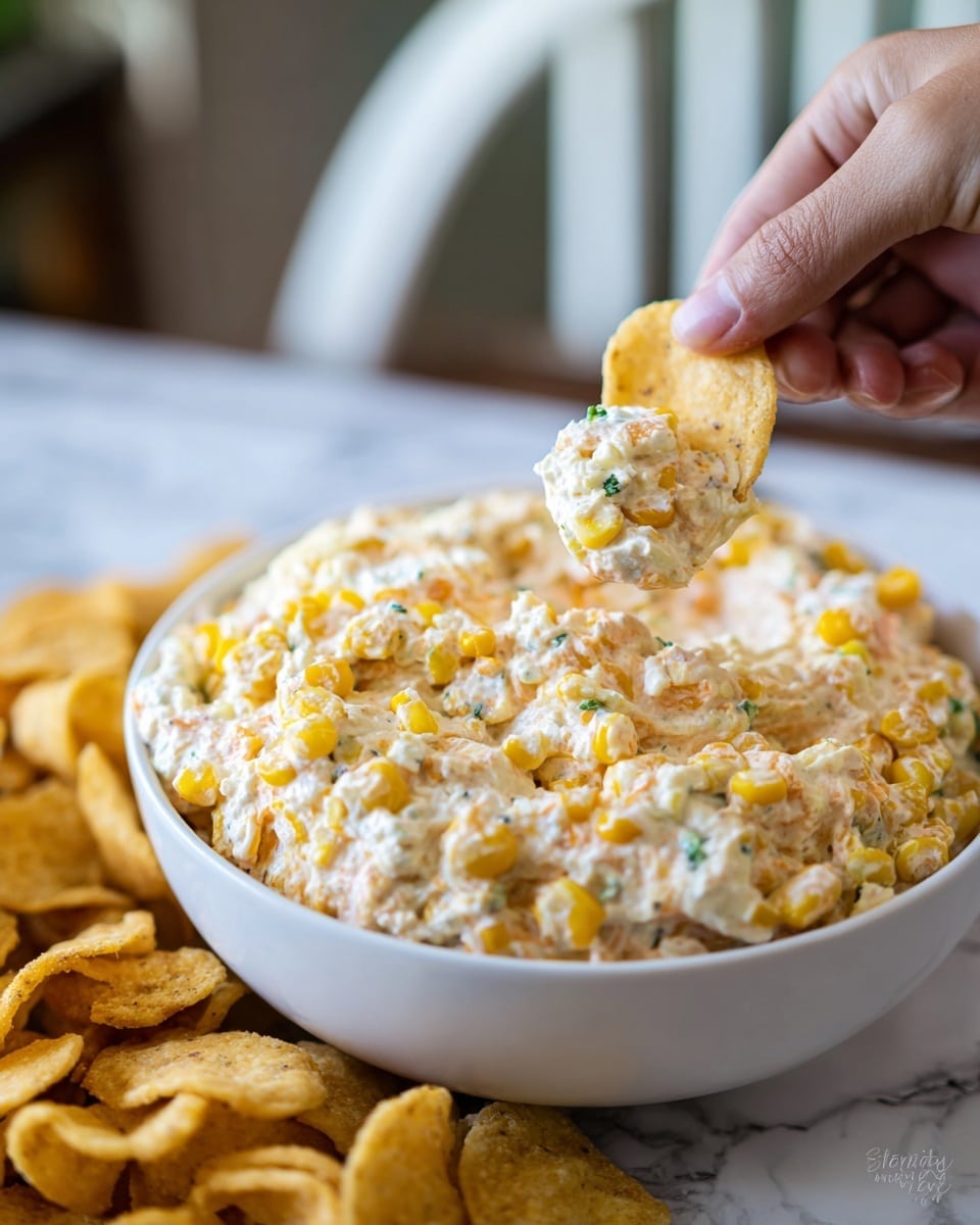A large bowl filled with a creamy mixture of pale yellow corn kernels, light orange shredded cheese, and small green and white bits, all blending into a thick, textured dip. The bowl is white and sits on a bed of light brown curled corn chips spilling around it. The scene is set against a white marbled surface with a blurred white chair and a soft colorful cloth in the background. The dip looks rich and chunky with a smooth creamy texture throughout. Photo taken with an iphone --ar 4:5 --v 7
