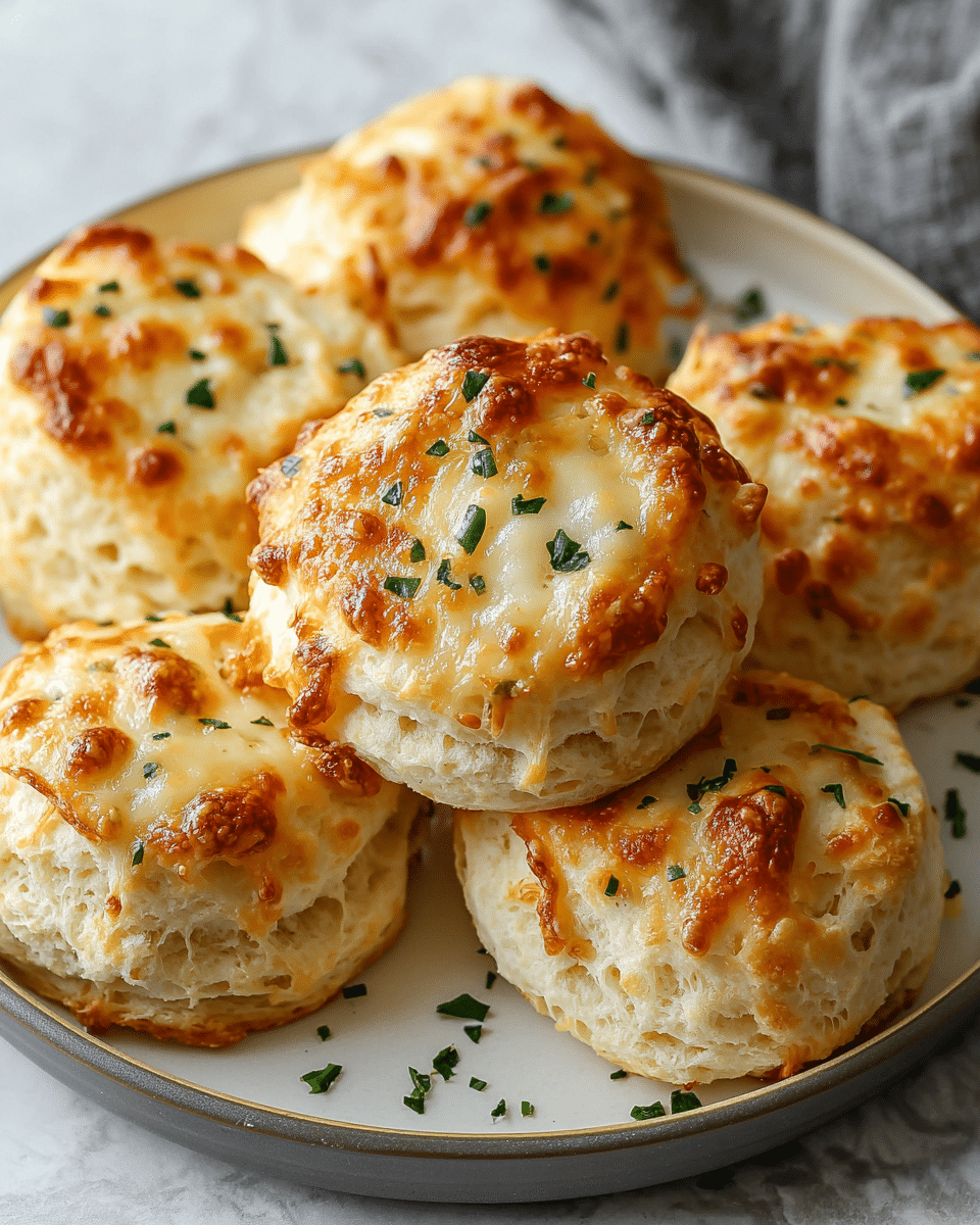 The image shows five golden-brown cheese biscuits on a white plate with a brown rim, placed on a white marbled surface. Each biscuit has a soft, fluffy texture with a slightly crispy top layer that is melted cheese, browned in spots, and sprinkled with small pieces of chopped green herbs. The biscuits are arranged closely together, with some fresh herb bits scattered around the plate. In the background, there is a small white bowl filled with a creamy white sauce and some blurry green leaves. The overall look is warm and fresh, highlighting the biscuits' cheesy and herb-topped surface. photo taken with an iphone --ar 4:5 --v 7