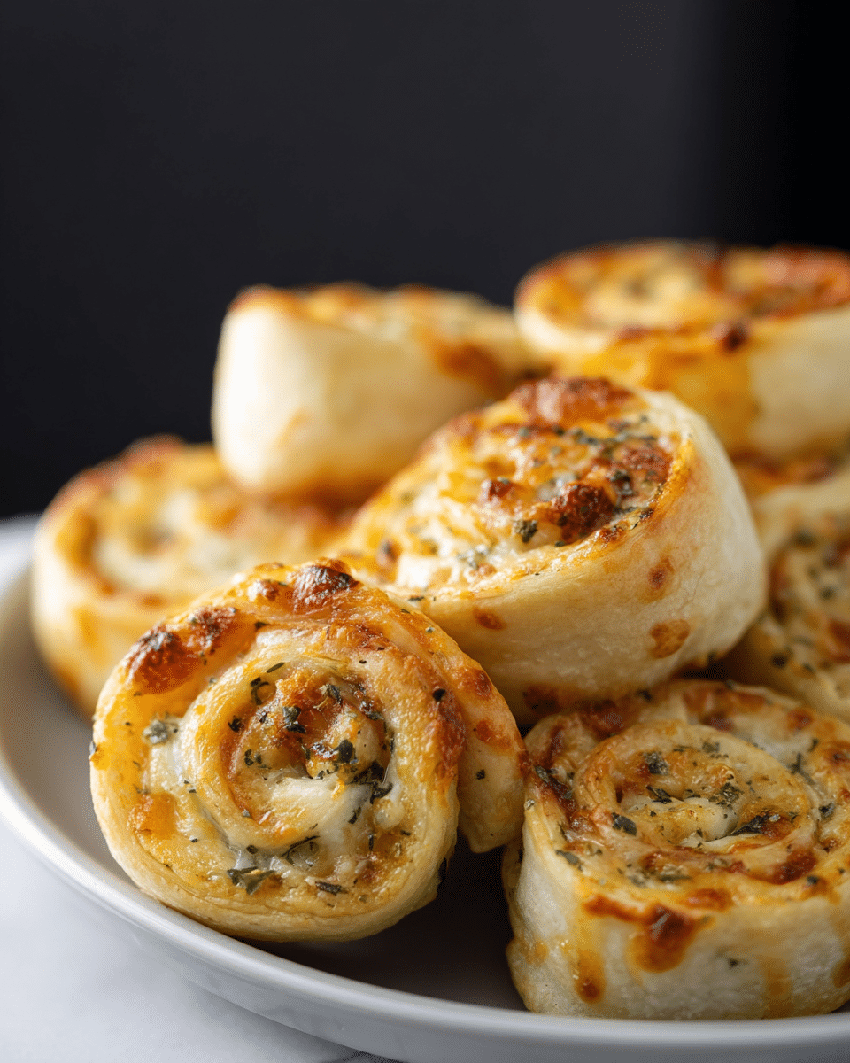 The image shows a close-up of several small, golden-brown baked swirl rolls with a textured, creamy white filling that has green herbs and small bits of browned cooked meat or vegetables mixed in. Each roll has multiple spiral layers with a top layer of melted orange-yellow cheese that adds a slightly crispy and browned texture. The rolls are set close together on a white plate, with one swirl roll held up in focus by a woman's hand against a background of more rolls. The surface underneath the plate is a white marbled texture. photo taken with an iphone --ar 4:5 --v 7