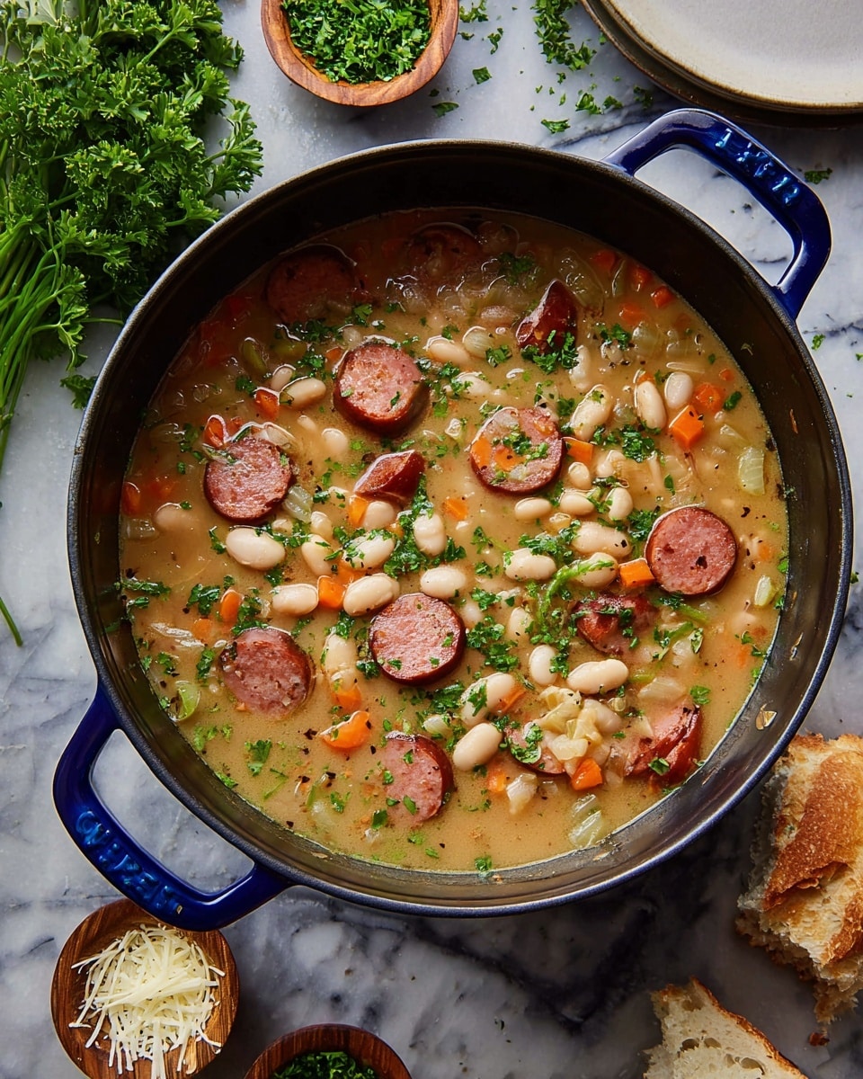 A black pot with blue handles holds a thick stew with visible layers of ingredients: creamy light brown broth, scattered white beans, small orange carrot cubes, and slices of reddish brown sausage floating on top. Fresh chopped green herbs are sprinkled over the entire stew. Surrounding the pot are some green parsley leaves on the left, two small wooden bowls filled with green chopped herbs and white shredded cheese near the top, and a piece of torn bread resting on the edge of a white plate in the lower right corner. The pot sits on a white marbled surface. Photo taken with an iphone --ar 4:5 --v 7