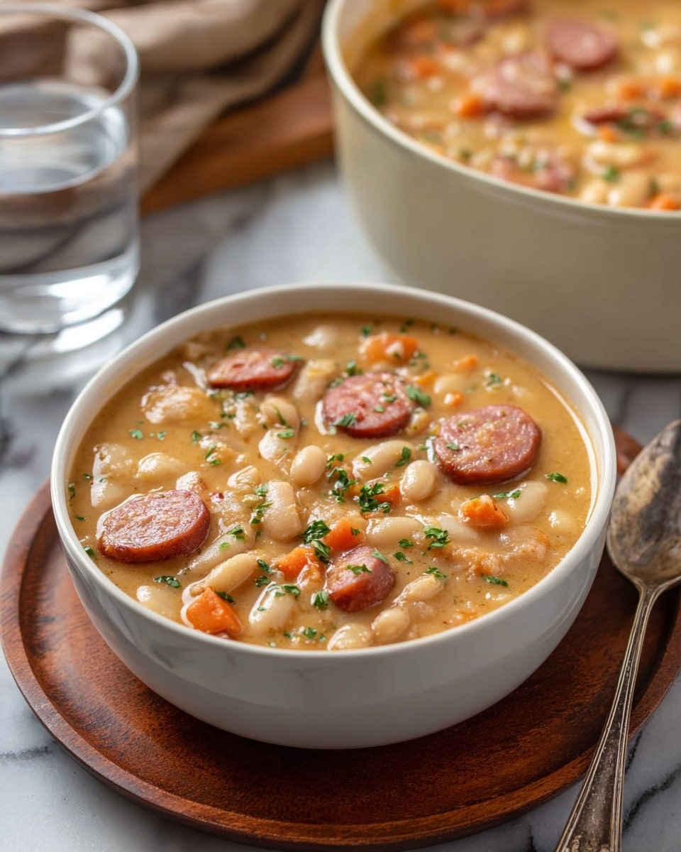 A white bowl filled with thick beige soup that has visible slices of reddish sausage, white beans, and small orange carrot cubes mixed throughout. The soup is topped with a sprinkle of green herbs. The bowl sits on a round wooden board with a metal spoon next to it and a glass of water nearby, all placed on a white marbled surface. In the background, there is a larger white bowl filled with the same soup. photo taken with an iphone --ar 4:5 --v 7