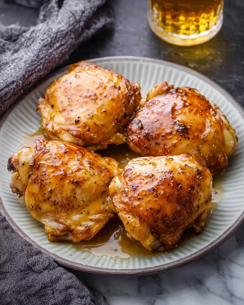 Four pieces of golden roasted chicken thighs are placed closely on a round white plate with textured ridges. The chicken is covered with a shiny, light brown glaze that makes the surface look moist and sticky. Each piece shows nicely browned skin beneath the glaze with some black pepper seasoning visible. The plate rests on a white marbled texture, and next to it is a clear glass holding a light amber-colored drink. A textured gray cloth is partly visible in the upper left corner. photo taken with an iphone --ar 4:5 --v 7