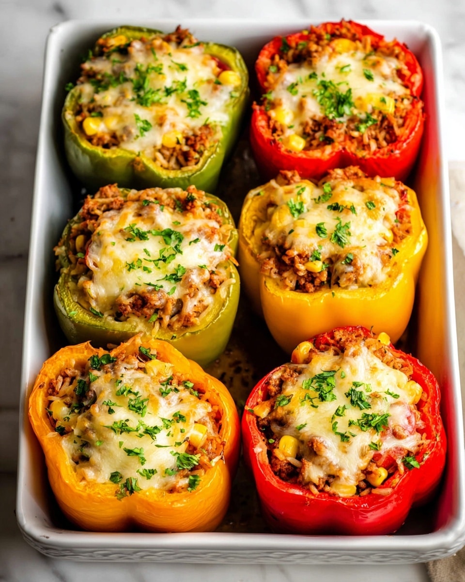 The image shows stuffed bell peppers in yellow, green, and red colors, filled with layers of cooked rice, ground meat, corn, and diced red peppers. The filling is topped with melted, golden-brown cheese and sprinkled with fresh green herbs. One yellow pepper is cut in half on a dark plate, showing the mix of ingredients inside with a soft, moist texture. A woman's hand is holding a fork and knife cutting into the stuffed yellow pepper. More whole stuffed peppers are visible in a white dish in the background, all sitting on a white marbled surface. The scene is bright and appetizing with warm colors and detailed textures. photo taken with an iphone --ar 4:5 --v 7