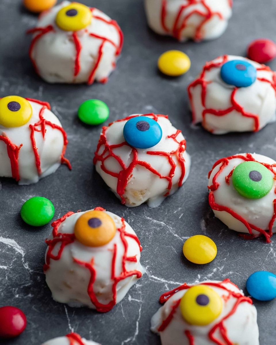 The image shows round treats covered in smooth white icing arranged on a dark grey surface. Each treat has a colored candy piece on top in colors like yellow, green, blue, or red, with a small dark circle in the center to look like an eye. Red icing lines spread out from the center candy on each treat, mimicking blood vessels. Scattered around the treats are round candy pieces in bright colors including red, yellow, green, and blue. The surface beneath has a white marbled texture. photo taken with an iphone --ar 4:5 --v 7