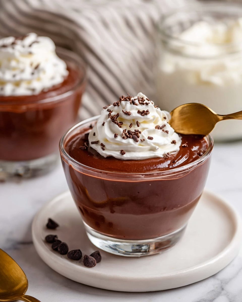 A close-up view of a thick, smooth chocolate mousse with a rich dark brown color filling a clear glass bowl. A spoon lifts some mousse showing its creamy, dense texture with slight shiny and soft ridges. The background is plain and light, while the bowl sits on a white marbled surface. The focus is on the mousse’s velvety consistency and the spoon holding it. photo taken with an iphone --ar 4:5 --v 7