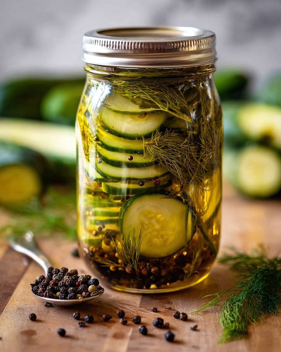 A clear glass jar filled with several layers of thinly sliced pickles, each slice greenish-yellow with slightly darker edges, stacked neatly one on top of another, immersed in a light yellowish brine. Inside the jar, sprigs of dill and whole black peppercorns are visible, floating among the pickle slices. Above the jar, a metal fork held by a woman's hand lifts one slice of pickle dripping with brine. The background is a soft white marbled texture, making the jar and its contents stand out clearly. photo taken with an iphone --ar 4:5 --v 7