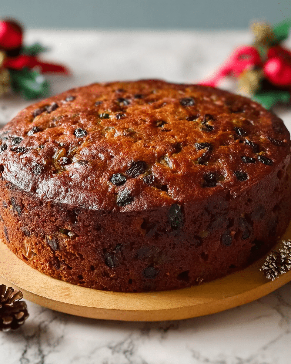 A round fruit cake with a dark brown, slightly shiny crust sits in the center of a white marbled surface. The cake has a rough textured top, dotted with small pieces of fruit and nuts visible in the surface. It is thick and tall, about two layers' height but not cut to show inside. The wooden round board beneath the cake contrasts softly with its dark color, and small pinecones and red holiday ornaments are placed around it for a festive touch. photo taken with an iphone --ar 4:5 --v 7