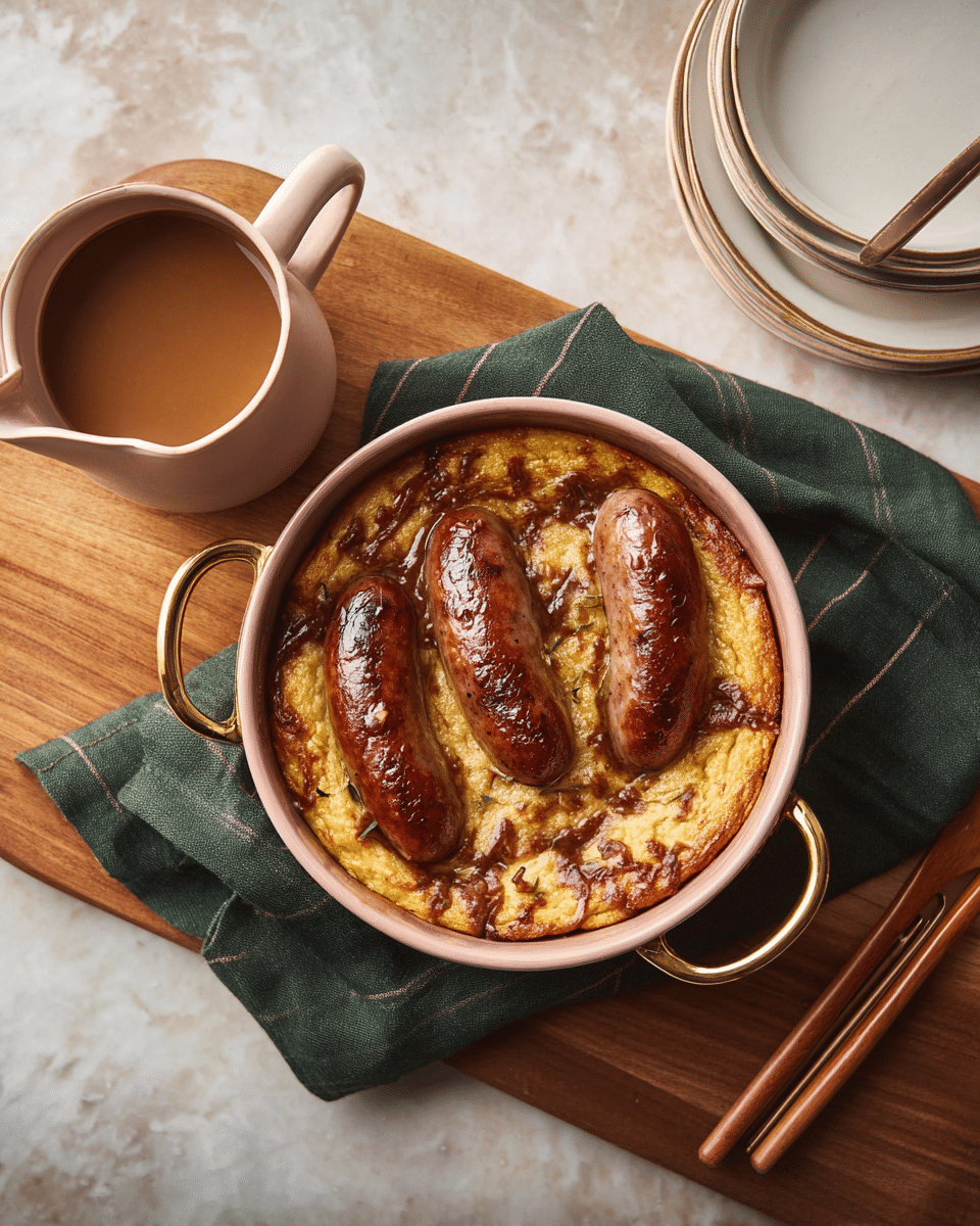 The dish shows four shiny, brown sausages baked on top of a golden, puffy batter base inside a round light pink baking dish with small gold handles on each side. The dish rests on a wooden board atop a folded dark green cloth with stripes. To the left, there is a small light brown pitcher filled with smooth brown gravy, placed on a white marbled surface. In the background, stacked white plates and four wooden chopsticks are visible. The overall setting is cozy and rustic. photo taken with an iphone --ar 4:5 --v 7