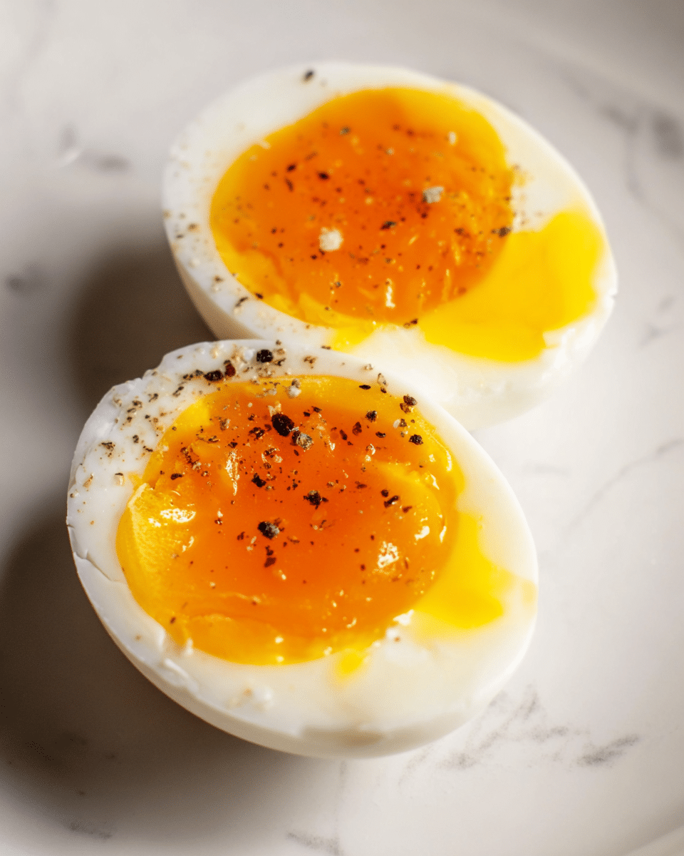 The image shows two halves of a soft-boiled egg on a white plate, close up. Each egg half has two visible layers: a firm white outer layer that is smooth and slightly shiny, and a bright orange-yellow yolk that looks soft, moist, and slightly runny. Small black specks of freshly ground black pepper are sprinkled on top of the yolk, adding contrast. The background is a white marbled texture, which highlights the eggs’ colors and textures. Photo taken with an iphone --ar 4:5 --v 7