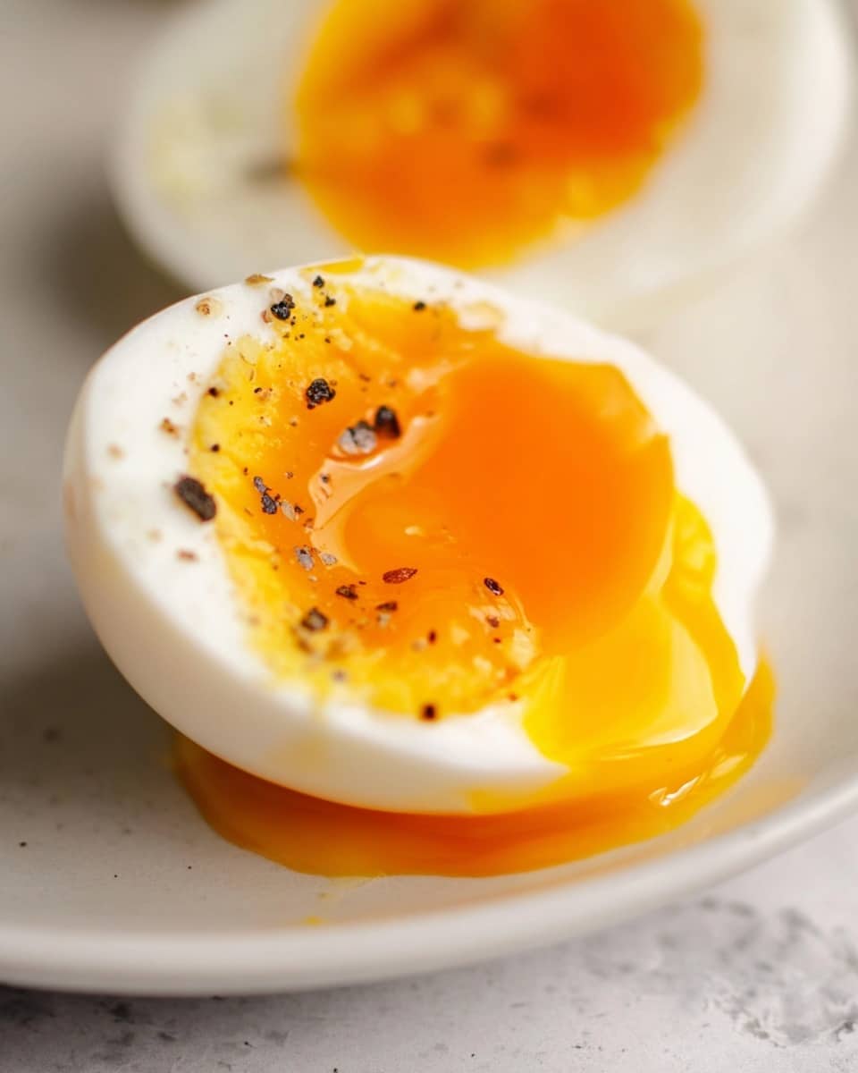 A close-up view of a soft-boiled egg cut in half, with one half in sharp focus showing a smooth white outer layer and a rich, glossy orange yolk that is slightly runny and spilling over the edge. Small black pepper flakes are sprinkled on top of the yolk, adding texture and contrast. The egg rests on a white plate, set against a white marbled textured surface in the background, creating a clean and simple setting. photo taken with an iphone --ar 4:5 --v 7
