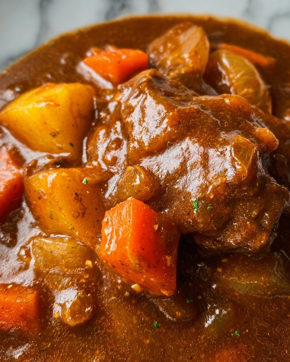 The image shows a close-up of a rich brown stew with a thick sauce texture. On the top layer, there are chunks of orange carrots, yellow potatoes, and translucent onions mixed into the sauce. Below these vegetables, there is a piece of tender meat coated in the glossy brown gravy. The sauce itself has a smooth, slightly chunky texture with visible bits of spices and ingredients throughout. The dish is presented against a white marbled background. photo taken with an iphone --ar 4:5 --v 7