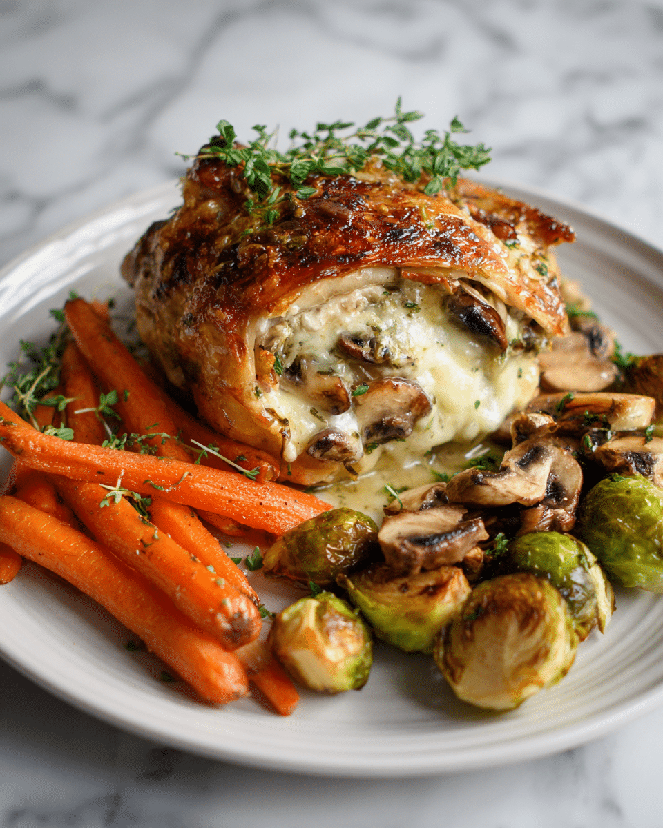 The image shows a piece of roasted chicken with crispy, golden-brown skin on top, stuffed with creamy melted cheese and slices of cooked mushrooms inside. Around the chicken, there are bright orange roasted carrots and golden roasted Brussels sprouts, all on a white plate resting on a white marbled surface. The chicken is garnished with fresh green herb sprigs, adding a fresh touch. The dish looks warm and juicy with a slight shine from the cooking juices. Photo taken with an iphone --ar 4:5 --v 7
