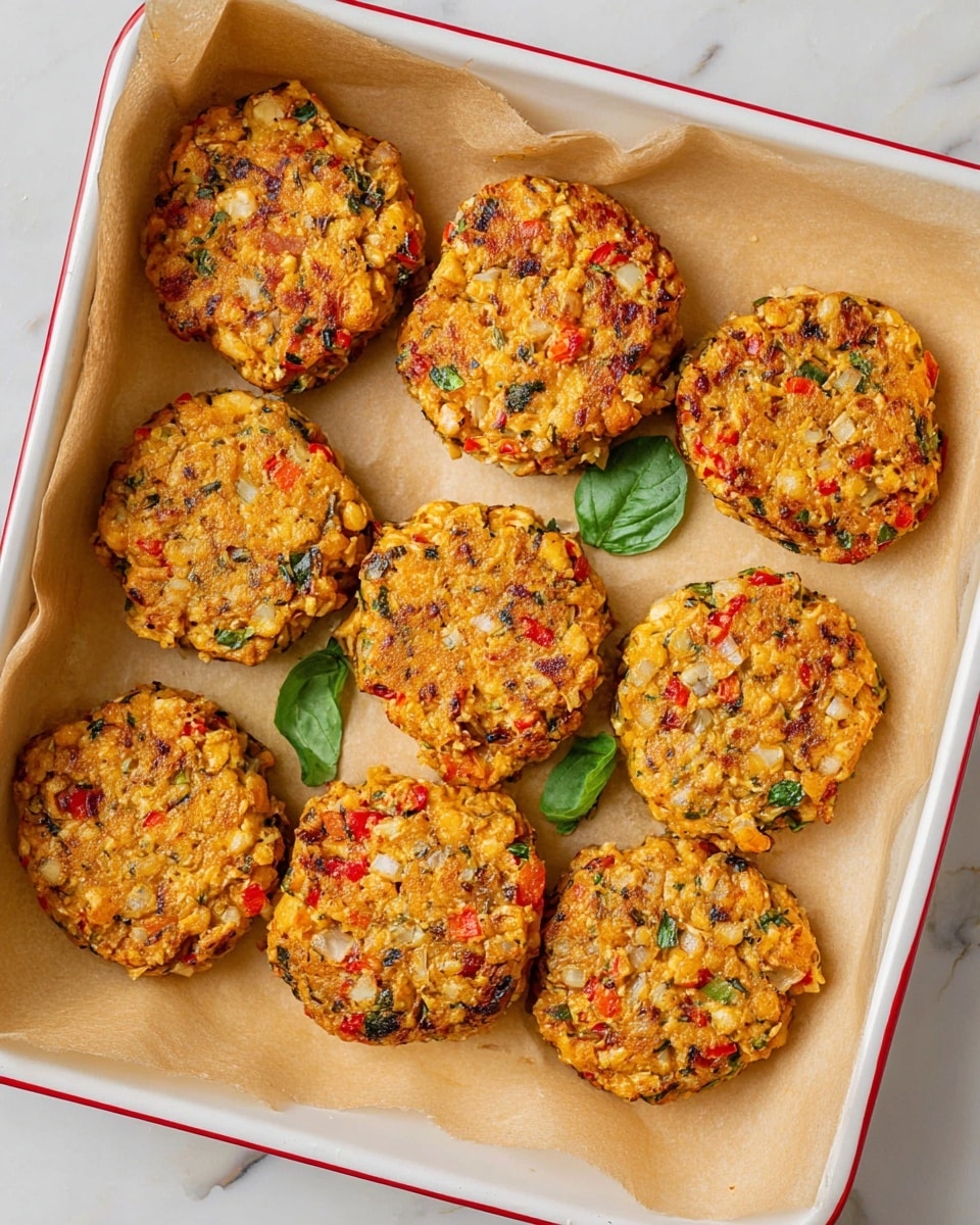 The image shows eight round patties with a rough texture, placed on light brown parchment paper inside a white tray with a red rim. Each patty has a mix of colors and textures, mostly orange-yellow with visible bits of red, green, and white, indicating chopped vegetables and cheese mixed in. The patties appear crispy on the edges and soft in the middle. There are three fresh green herb leaves scattered between the patties, adding a touch of brightness to the scene. The overall setting is clean and simple, with a white marbled surface visible around the tray. photo taken with an iphone --ar 4:5 --v 7