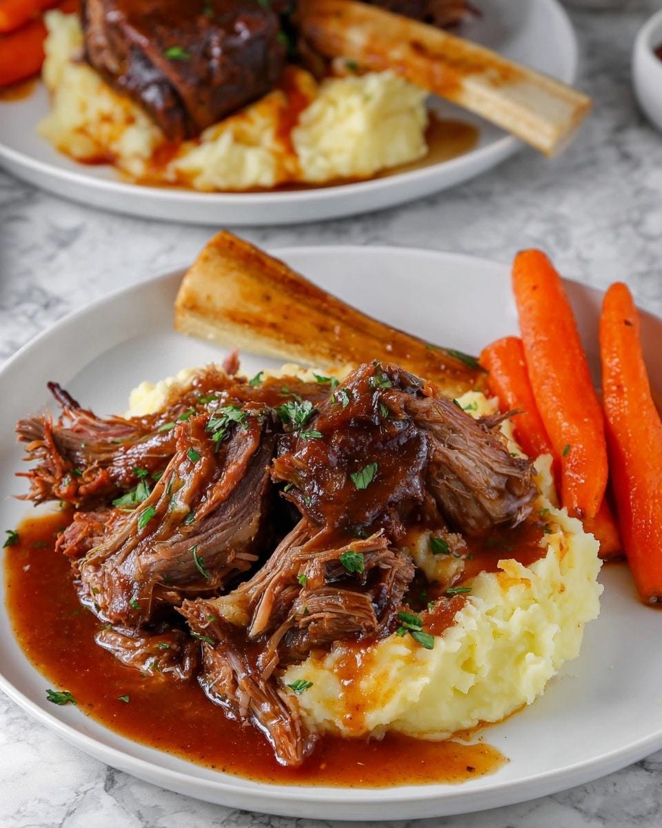 The image shows three large cooked lamb shanks in a white baking dish on a white marbled surface. Each shank is browned and crispy on the outside with shades of dark brown and golden, some parts showing tender pulled meat in a light pink color. The bones are long and thick, light beige in color, and stand out against the meat. Around the shanks are visible cooked vegetables, mainly orange carrot chunks and some darker vegetables like onions, all soaked in a rich reddish-brown sauce. Small green parsley leaves are sprinkled on top, adding a fresh contrast to the warm colors. The photo taken with an iphone --ar 4:5 --v 7