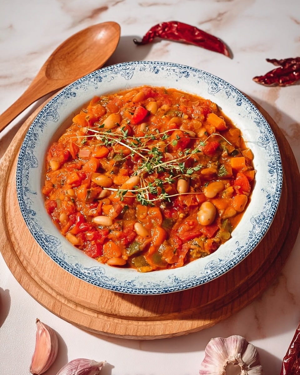 A white bowl with blue decorative edges holds a hearty dish with three layers: the base layer is a mix of soft orange and red cooked vegetables mostly tomatoes and peppers, the middle layer shows visible white beans scattered throughout, and the top layer is garnished with small green sprigs of herbs. The bowl sits on a round wooden board with a wooden spoon nearby, and the background is a white marbled texture with a dried red chili and garlic cloves placed around for decoration. photo taken with an iphone --ar 4:5 --v 7