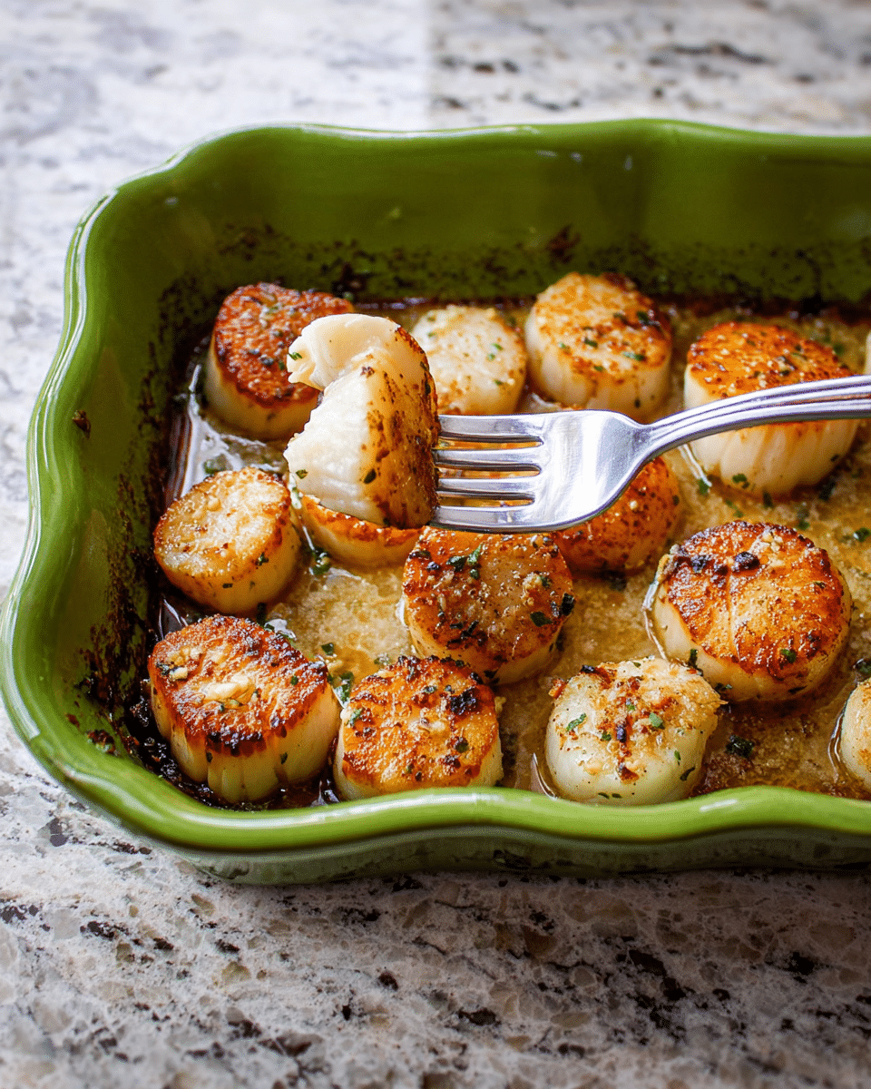 A green baking dish holds 11 cooked scallops that are golden-brown and slightly crispy on top. The scallops are arranged unevenly with some near the edges and others towards the center, sitting in a thin layer of browned butter or sauce. A fork is holding up one scallop piece in the middle of the dish, showing its tender and white interior. The background surface is replaced by a white marbled texture. photo taken with an iphone --ar 4:5 --v 7