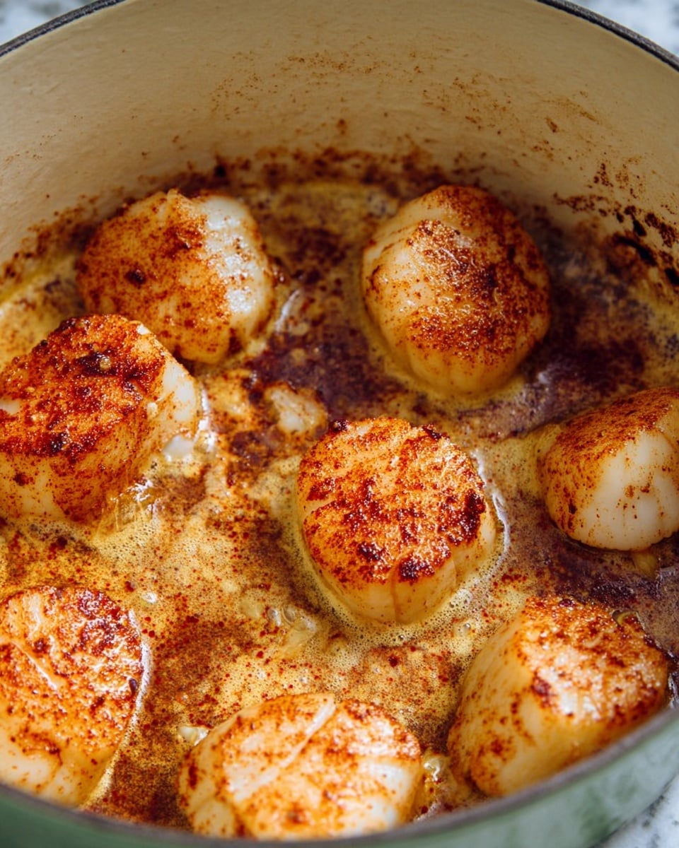 The image shows several brownish-yellow scallops cooked and sizzling in a white ceramic pot with browned butter or sauce at the bottom. Each scallop is a thick, round piece with a slightly crumbly surface dusted with reddish seasoning that looks like paprika. The scallops are arranged in the pot with some closer to the edge and others near the center, with browned bits sticking to the pot's inside. The surface under the pot has a white marbled texture. photo taken with an iphone --ar 4:5 --v 7