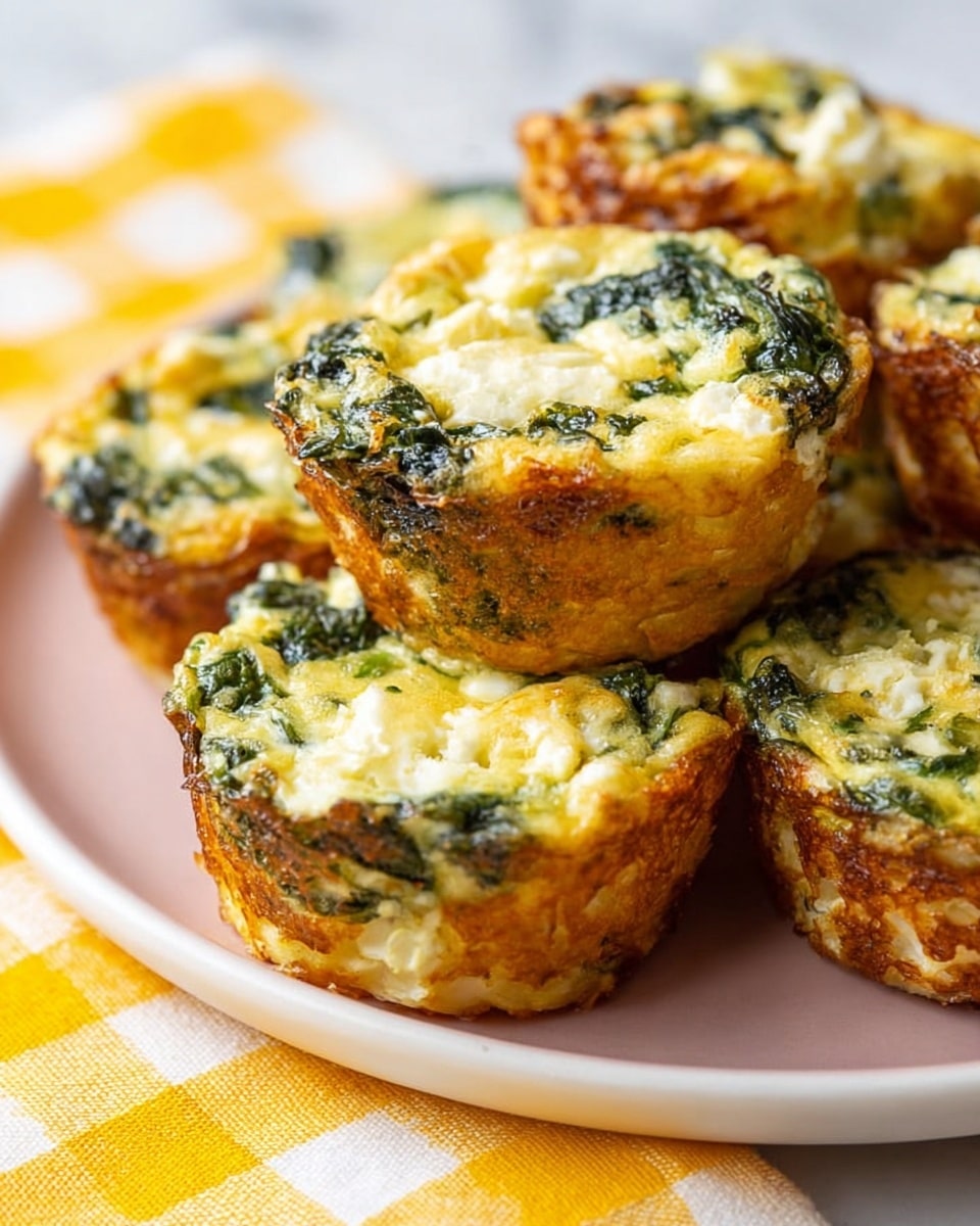 A close-up view of several small, round baked egg muffins on a white plate, each about two layers thick with a pebbled texture; the top and sides have a golden-brown crust with visible bits of green spinach and creamy white egg mixture mixed throughout, giving a slightly uneven surface. The muffins are clustered in a group with one in sharp focus in the front, showing the layered colors of cooked egg, spinach leaves, and melted cheese inside. The plate rests on a white marbled surface with a yellow and white checkered cloth partially under it. photo taken with an iphone --ar 4:5 --v 7