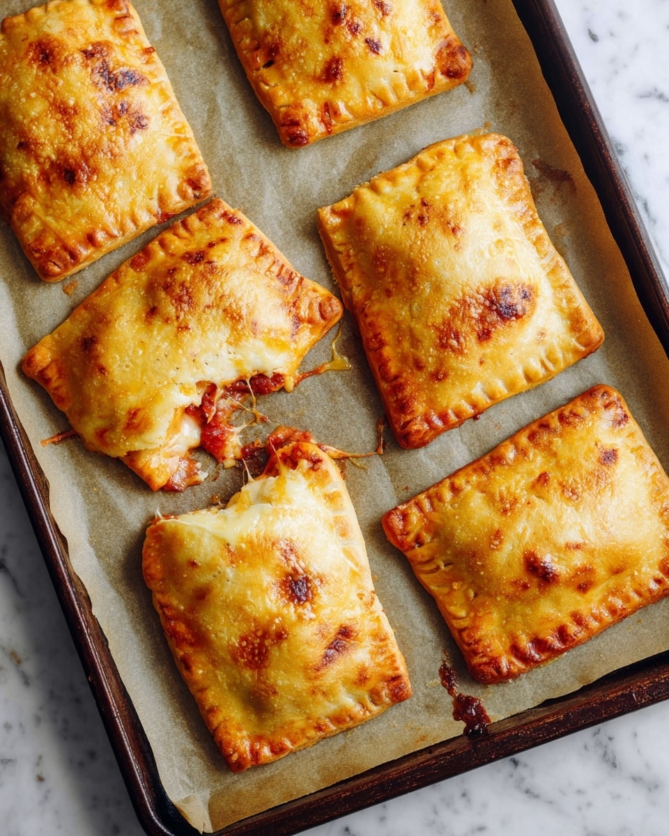 This image shows six golden-brown baked pastries with rectangular shapes on a baking tray lined with parchment paper. Each pastry has a slightly puffed and glossy top crust with browned spots and textured edges sealed by fork marks. One pastry in the center is broken open, revealing inside layers of stringy melted cheese mixed with red tomato sauce peeking out from between the soft inner dough and the crispy outer crust. The baking tray sits on a white marbled surface. photo taken with an iphone --ar 4:5 --v 7