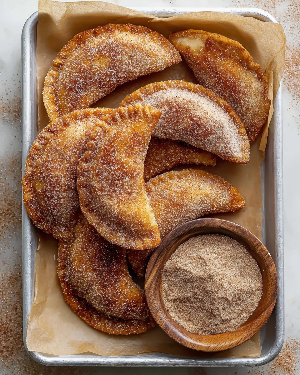 A white tray lined with light brown parchment paper holds seven half-moon shaped fried pastries stacked slightly on top of each other, their golden brown surfaces covered in a thick layer of sparkling cinnamon sugar. Next to the pastries is a small round wooden bowl filled with fine cinnamon sugar, matching the coating on the pastries. The tray is placed on a white marbled textured surface, and the overall look is warm and inviting with the shiny sugar crystals catching the light. photo taken with an iphone --ar 4:5 --v 7