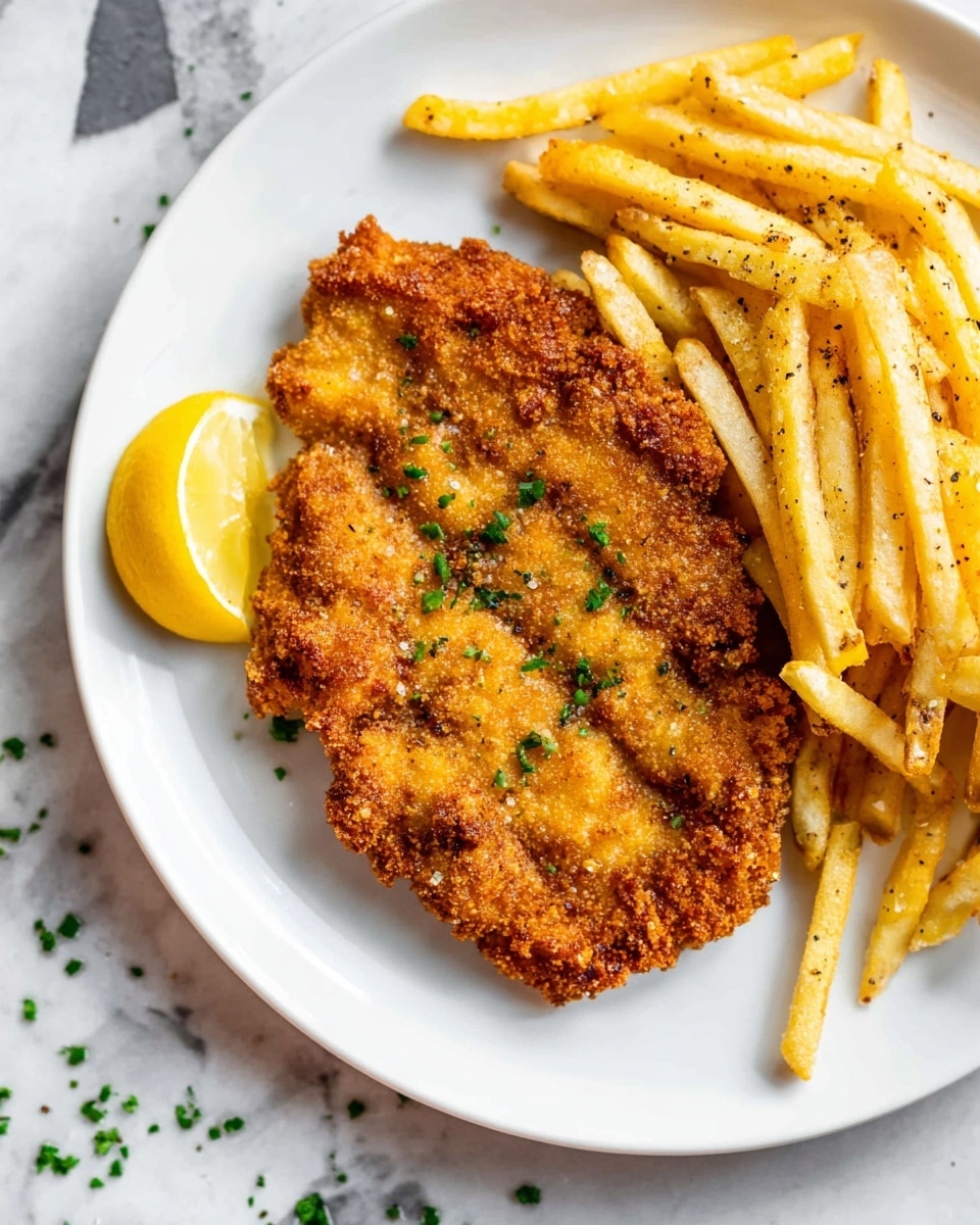 A white round plate holds a golden brown crispy breaded fried cutlet with a rough, crunchy texture, garnished with small green herb pieces scattered on top. To the right of the cutlet, there is a pile of thin, golden French fries lightly speckled with black pepper and herbs. A small lemon wedge with a bright yellow rind and pale yellow inside sits on the lower left side of the cutlet. The plate rests on a white marbled surface with small green herb pieces scattered around, adding a fresh touch. Photo taken with an iphone --ar 4:5 --v 7