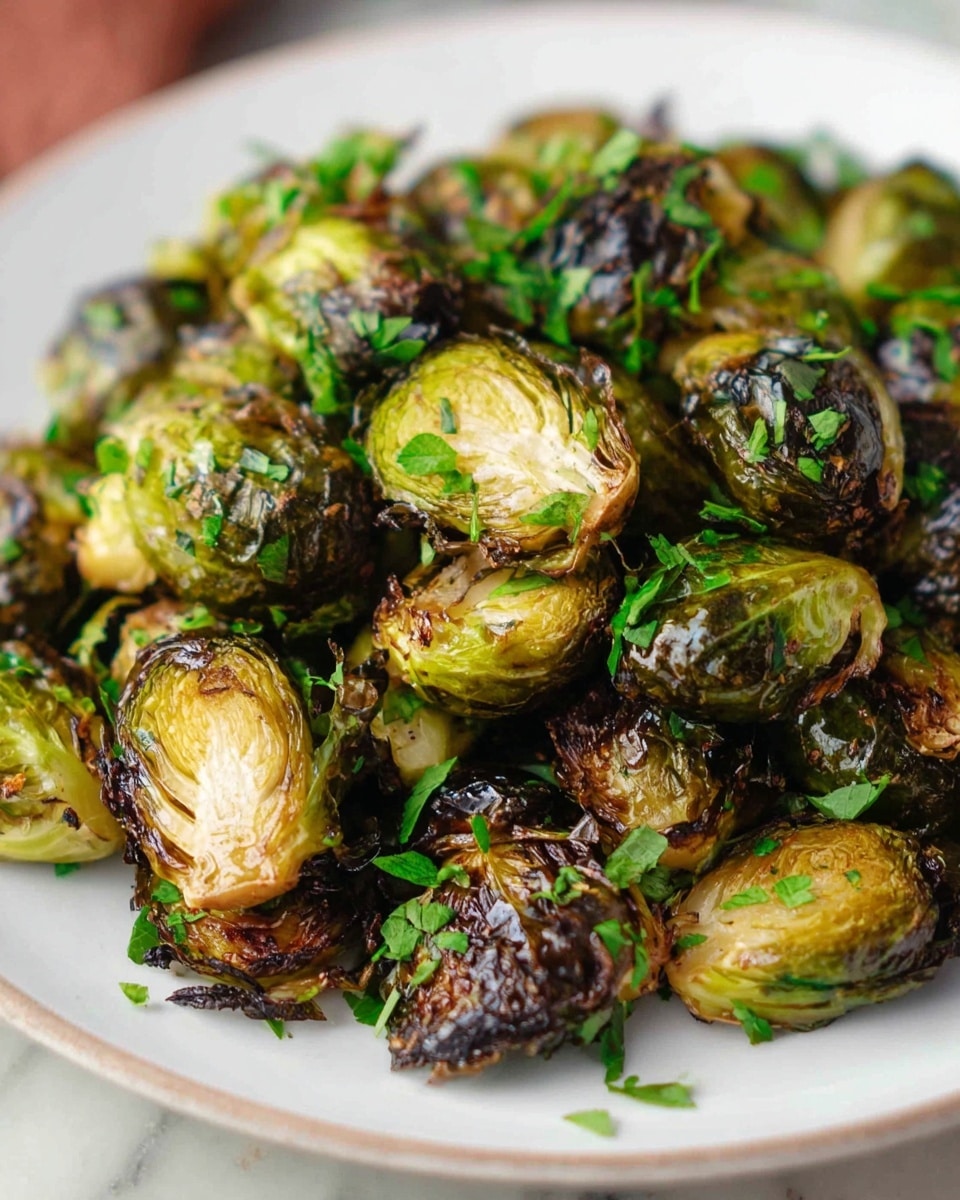 The image shows many roasted Brussels sprouts cut in halves spread across a white marbled surface. Each Brussels sprout half has a crispy, dark brown outer layer with green and light yellow layers inside. Some pieces have charred edges and a rough, slightly wrinkled texture. Finely chopped green herbs are sprinkled evenly on top, adding fresh color. In the bottom left corner, lemon slices with bright yellow peel and pale yellow pulp are partially visible. The scene is bright and clear, showing the crispy texture and color contrasts of the roasted Brussels sprouts clearly. photo taken with an iphone --ar 4:5 --v 7