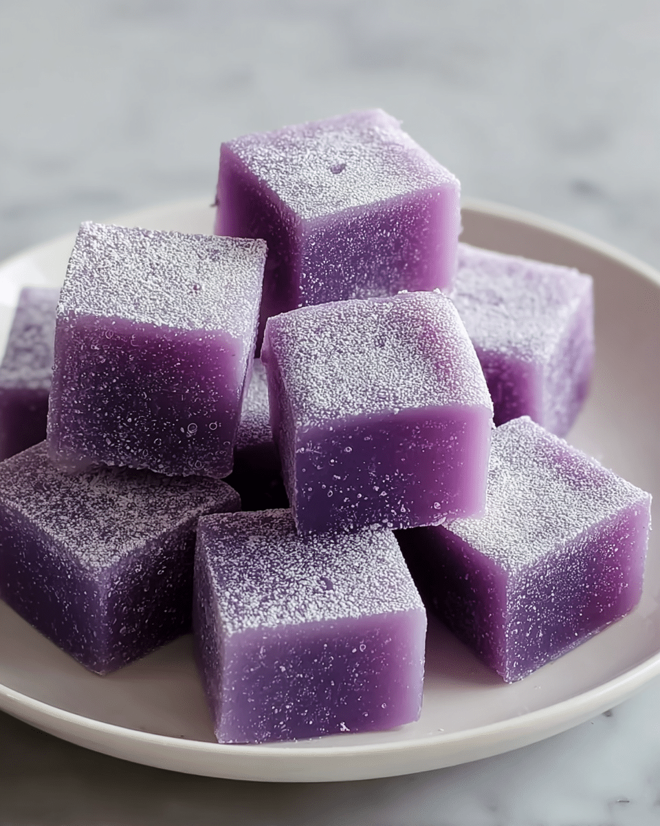 The image shows a white plate filled with nine square pieces of soft, purple jelly-like dessert. Each piece has a smooth, matte texture with a slightly powdery white coating on the top and sides. The cubes are arranged in a small pile, showing some depth and layering, and the rich purple color has a consistent tone throughout each piece. The plate rests on a white marbled surface that adds subtle texture in the background. photo taken with an iphone --ar 4:5 --v 7