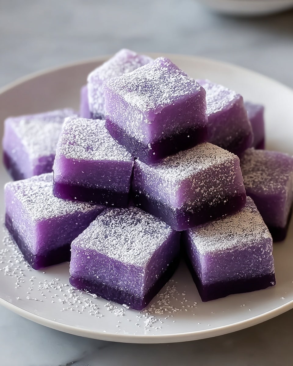 A white plate holds about a dozen square pieces of soft purple dessert stacked gently. Each piece has two visible layers: a darker purple bottom layer with a smooth, dense texture, and a slightly lighter purple top layer that appears soft and slightly translucent. The tops of the squares are covered with a fine dusting of white powdered sugar, adding a light texture contrast. The plate sits on a white marbled surface, giving the whole setting a clean and inviting look. Photo taken with an iphone --ar 4:5 --v 7