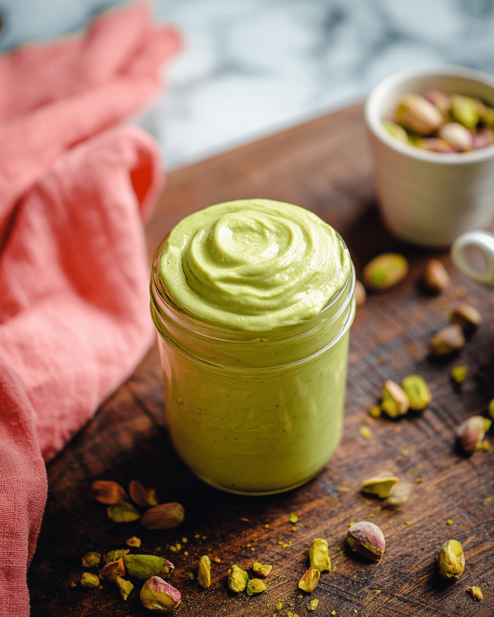 A small clear glass jar filled to the top with smooth, bright green creamy pistachio spread swirled on the surface, placed on a dark wooden table with scattered chopped pistachio nuts around it. In the background, a white cup with more pistachios and a coral pink cloth add a soft touch, all set against a white marbled texture. Photo taken with an iphone --ar 4:5 --v 7