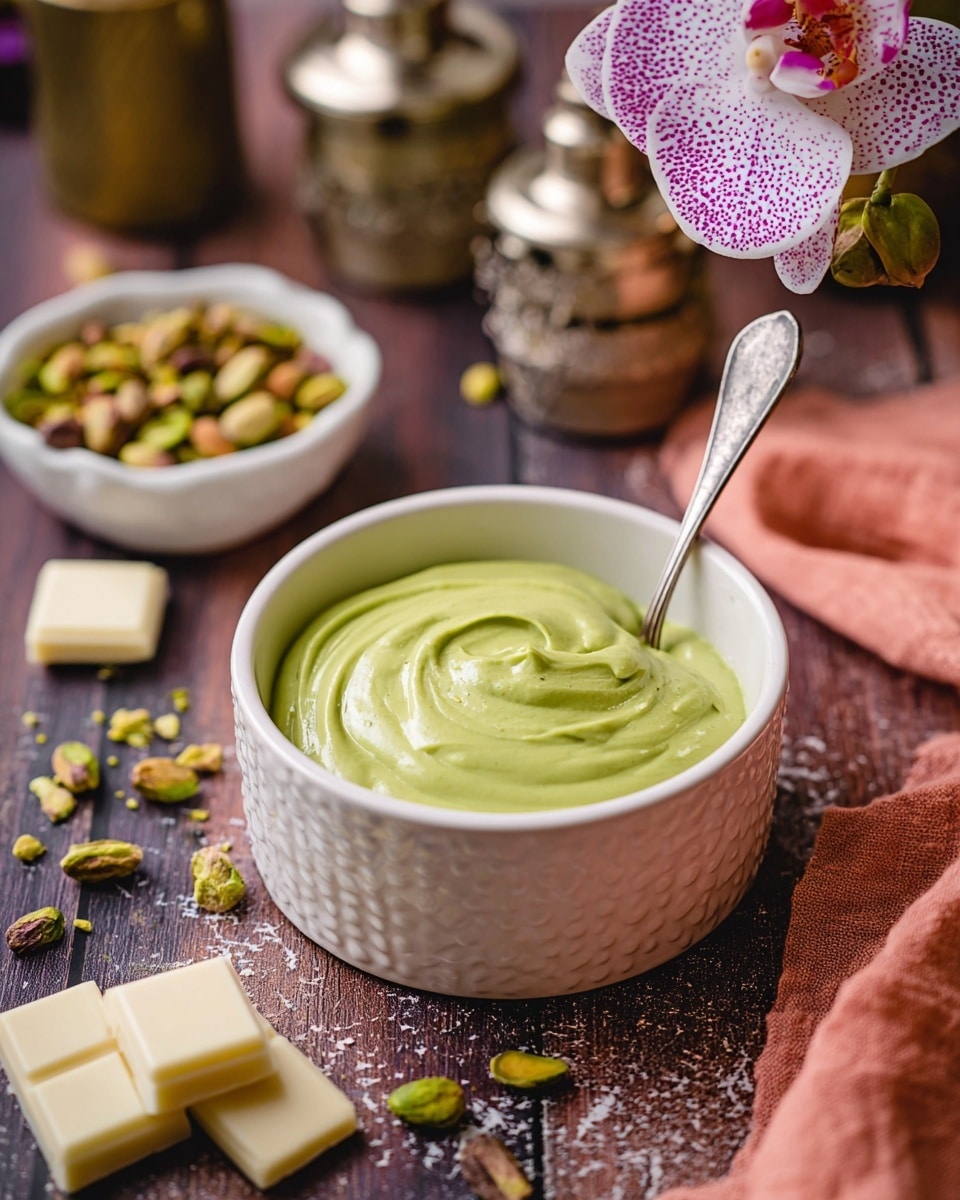 A white textured bowl filled with a smooth, bright green creamy paste, swirling slightly at the top, with a metal spoon standing upright inside the bowl. Around the bowl are scattered pieces of chopped pistachios, some whole nuts in a white bowl lined with a soft peach cloth, and a few white chocolate squares stacked near the bottom left. In the background, a blurred wooden surface holds metallic containers and a small purple orchid flower with light and dark pink spots hanging gently over the scene. The whole setting rests on a dark wood surface replaced by white marbled texture. photo taken with an iphone --ar 4:5 --v 7