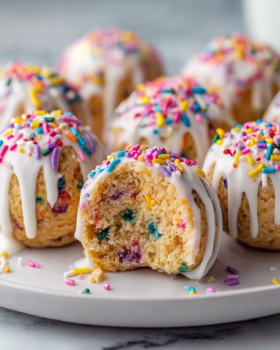 The image shows several round cake balls with a soft, crumbly texture, filled with colorful sprinkles inside. Each ball is coated with a thick layer of white icing that drips down unevenly over the sides, topped with bright, multicolored sprinkles in shades of pink, yellow, blue, green, purple, and orange. The cake balls sit on a white plate with a smooth surface, placed on a white marbled texture. One cake ball in the front has a bite taken out, revealing the dense inside speckled with vibrant sprinkles. Photo taken with an iphone --ar 4:5 --v 7