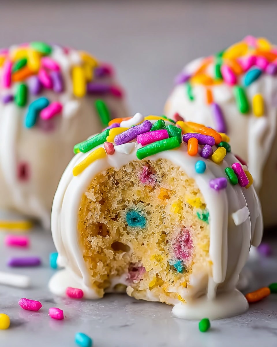 The image shows a close-up of three round cake balls placed on a white marbled surface. Each cake ball has a light yellow crumb dotted with colorful sprinkles inside, visible in the front ball that has a bite taken out of it. The outer layer is coated with smooth white icing that drips slightly onto the surface below. On top of the icing, there is a generous sprinkle of bright, multicolored rod-shaped sprinkles in colors like green, purple, pink, yellow, and orange. The background is softly blurred to focus on the detailed texture and vibrant colors of the cake balls. photo taken with an iphone --ar 4:5 --v 7