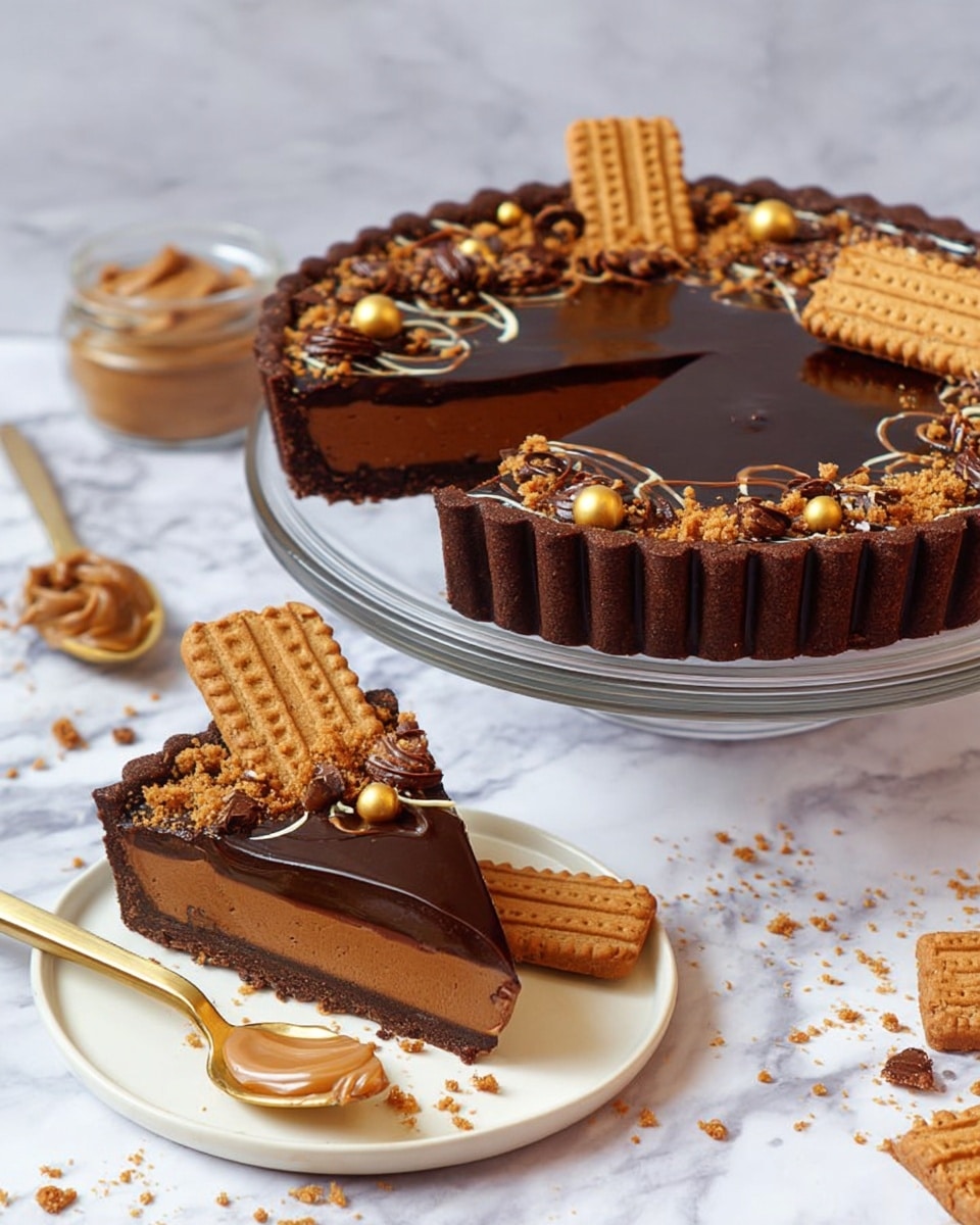 A chocolate tart with three visible layers is shown; the bottom crust is dark brown and thick with ridged edges forming the tart shell, the middle layer is a smooth, lighter brown filling, and the top layer is a shiny, dark chocolate glaze decorated with crushed cookie crumbs, thin caramel drizzle, small golden balls, and a whole rectangular cookie in the center. A slice cut from the tart sits on a round white wooden plate with two whole rectangular cookies on top, next to a gold fork resting on the plate. The tart is placed on a clear glass cake stand on a white marbled surface scattered with cookie crumbs and a gold spoon holding caramel cream. photo taken with an iphone --ar 4:5 --v 7