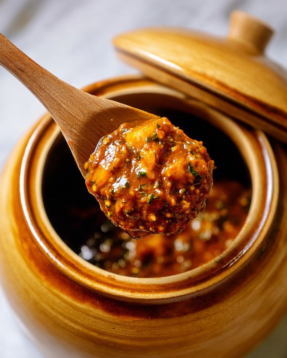 A close-up view of a wooden spoon holding a chunky, textured orange-brown sauce mixed with pieces of food above a brown ceramic pot with an open lid, the sauce looks rich with visible small seeds and herbs. The pot is sitting on a white marbled surface. Photo taken with an iphone --ar 4:5 --v 7
