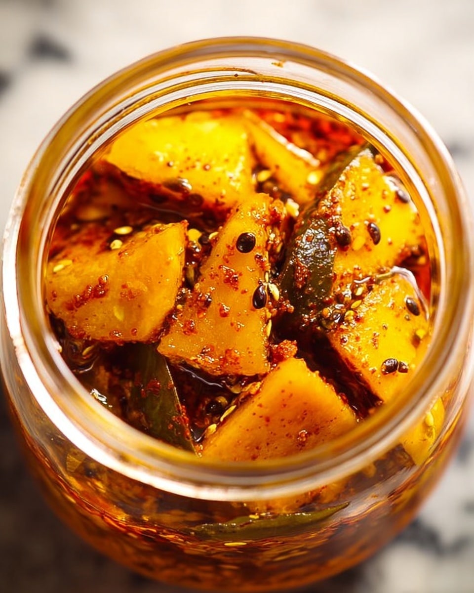 The image shows a close-up view inside a glass jar filled with a spicy pickle. The pickle pieces are cut into irregular chunks, orange-yellow in color, mixed with dark seeds and spices visible on the surface. There is a layer of oily, reddish liquid covering the chunks, giving a shiny and moist texture to the pickle pieces. The background surface is a white marbled texture. photo taken with an iphone --ar 4:5 --v 7